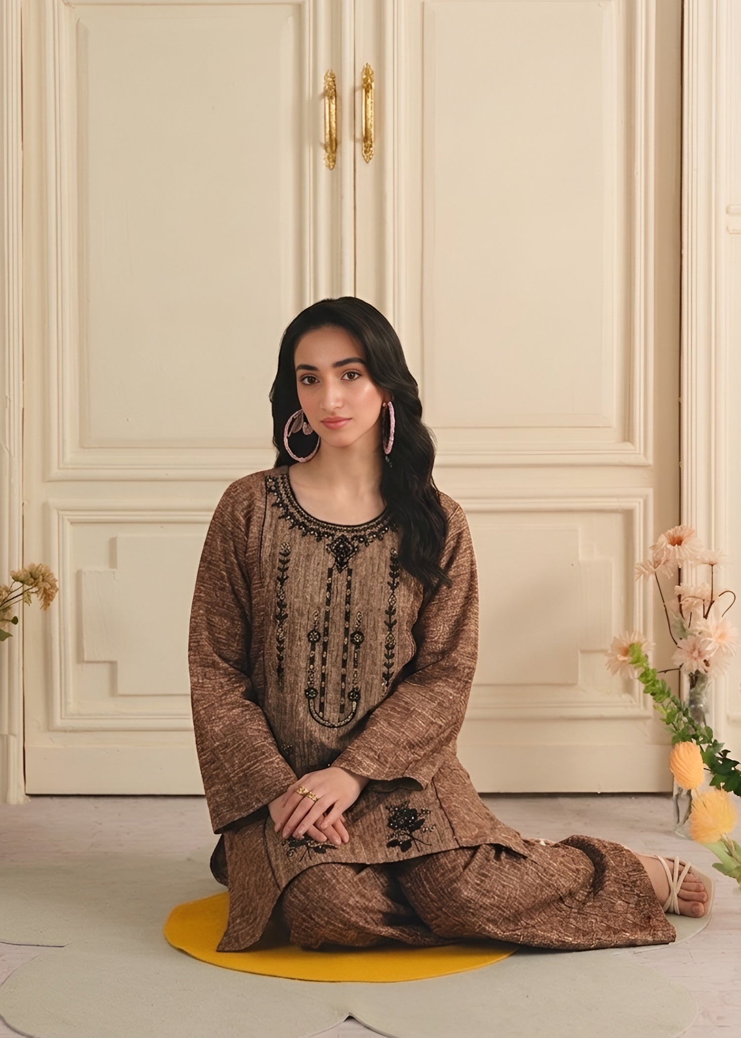 cambric Kurta Set in Earth brown