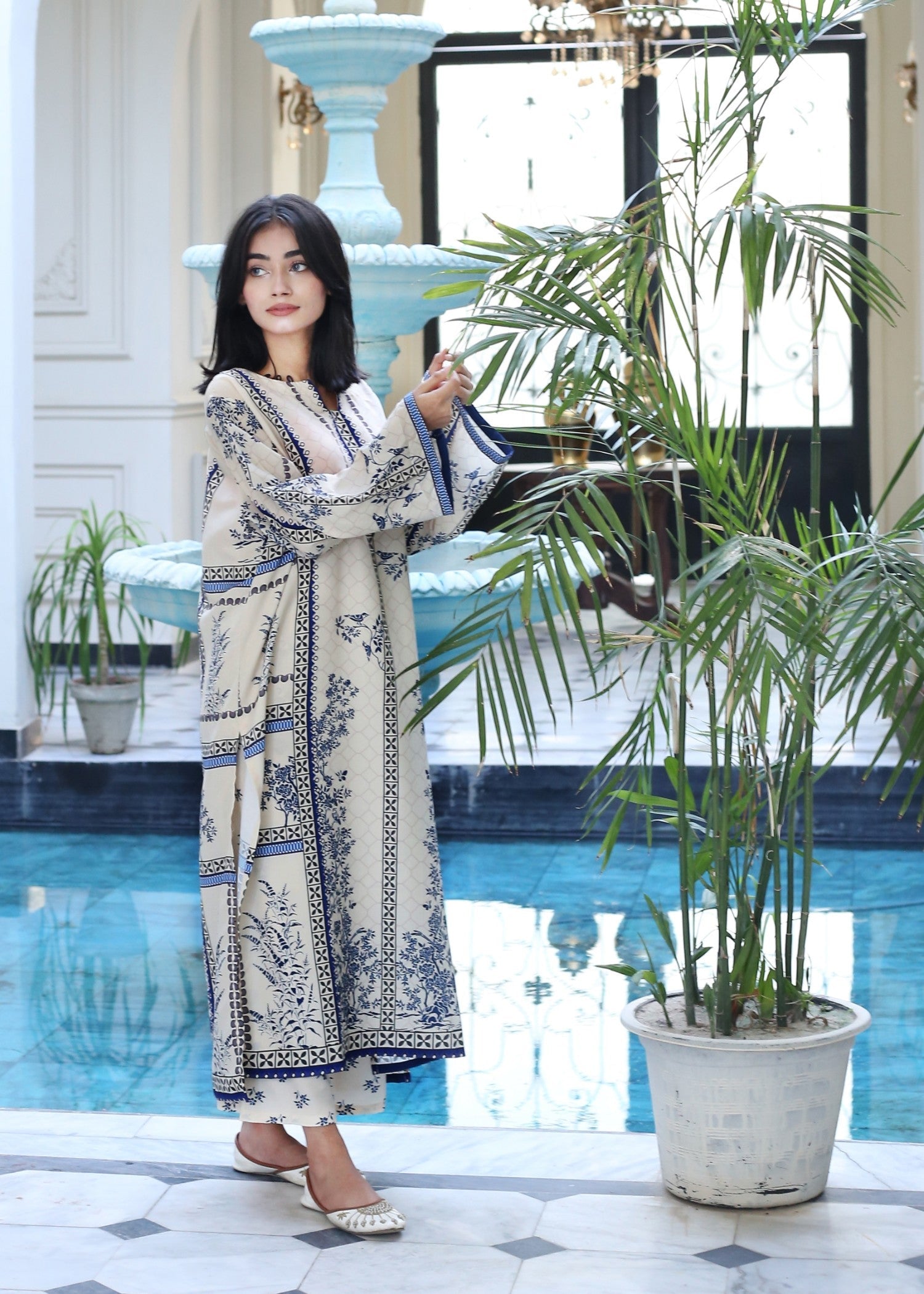 poly lawn Kurta Set in Beige