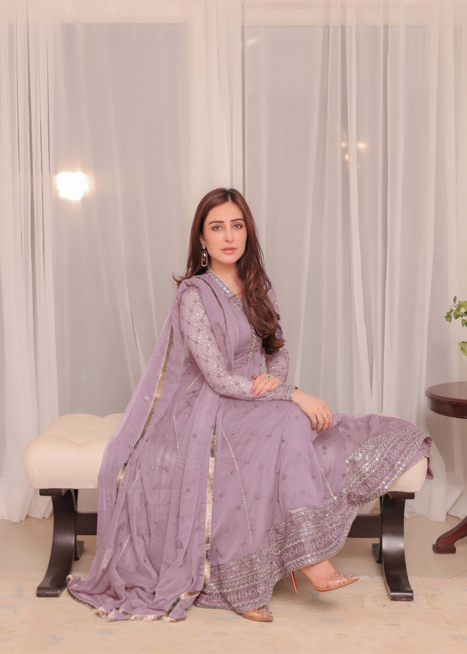 chiffon Anarkali in Mauve pink