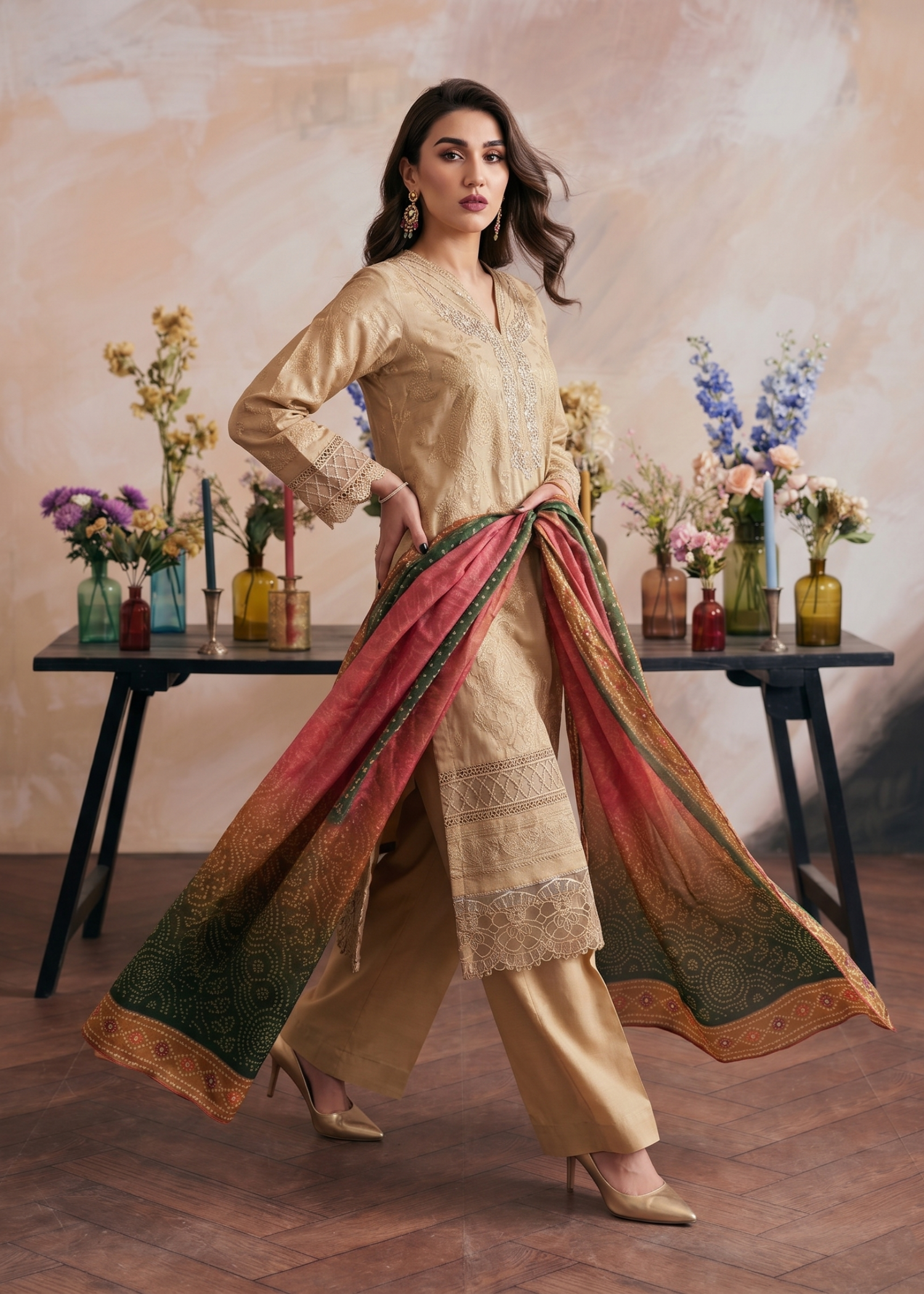 jacquard Kurta Set in Beige