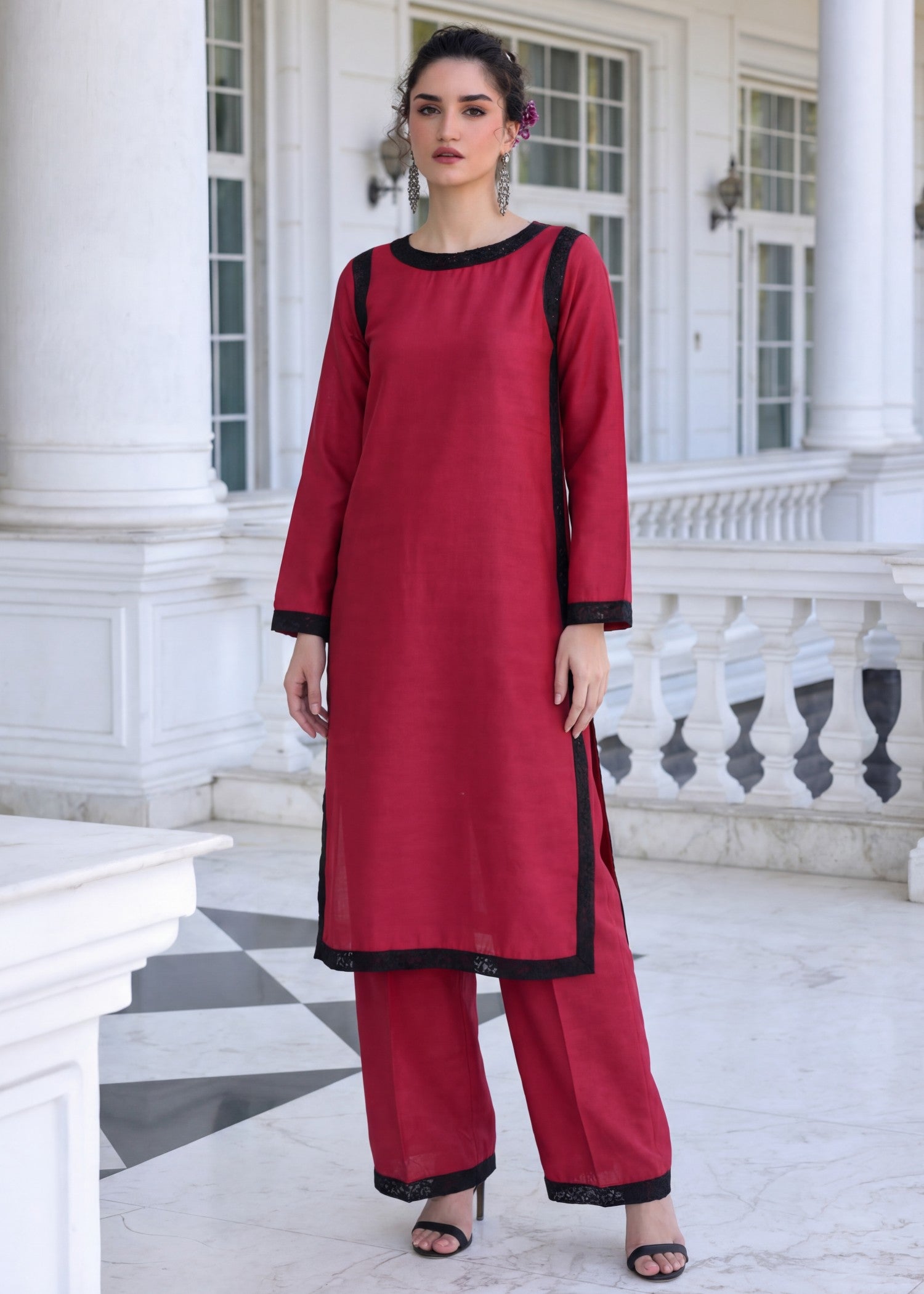 textured lawn Kurta Set in Cardinal red