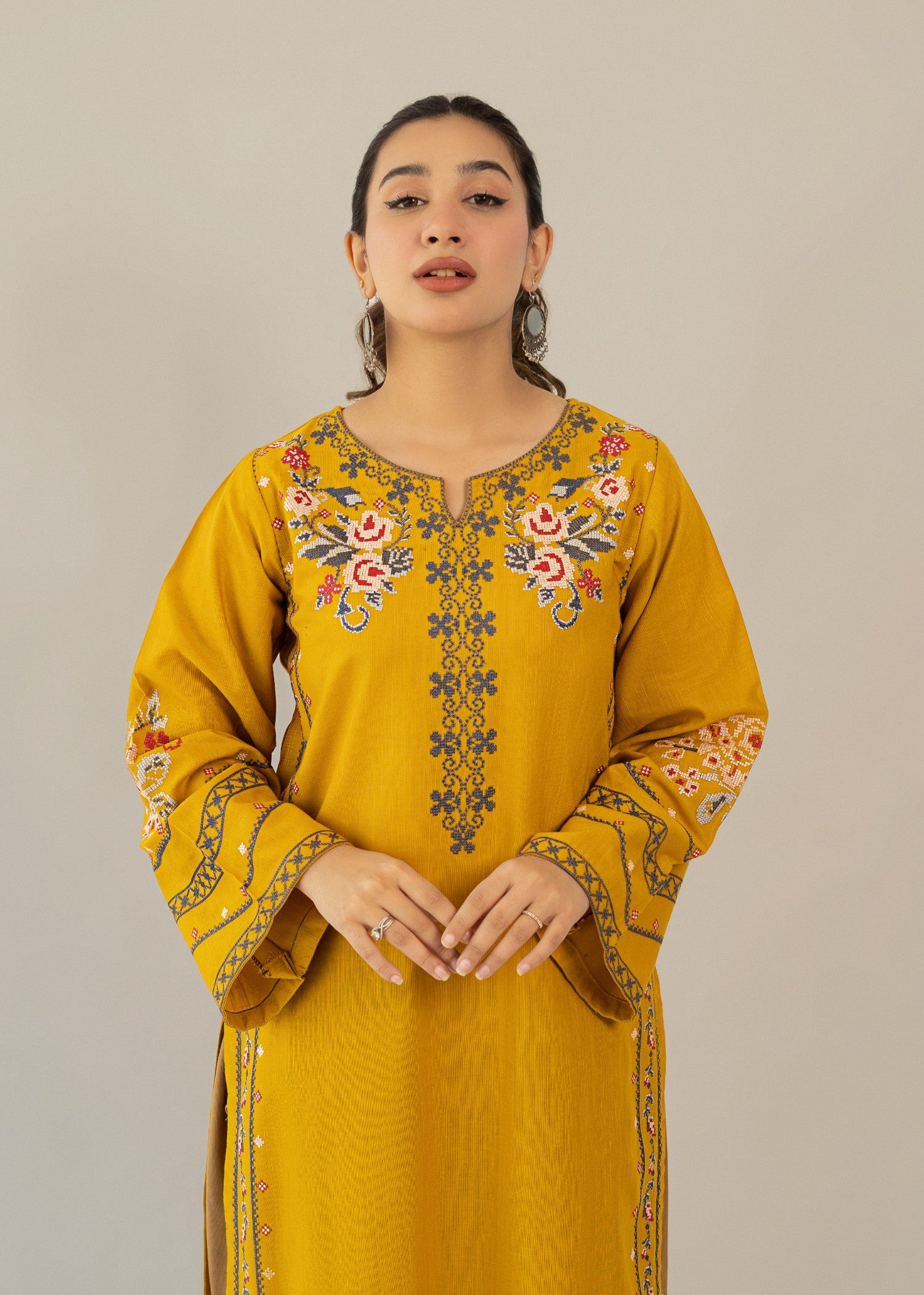slub khaddar Kurta Set in Mustard, almond brown