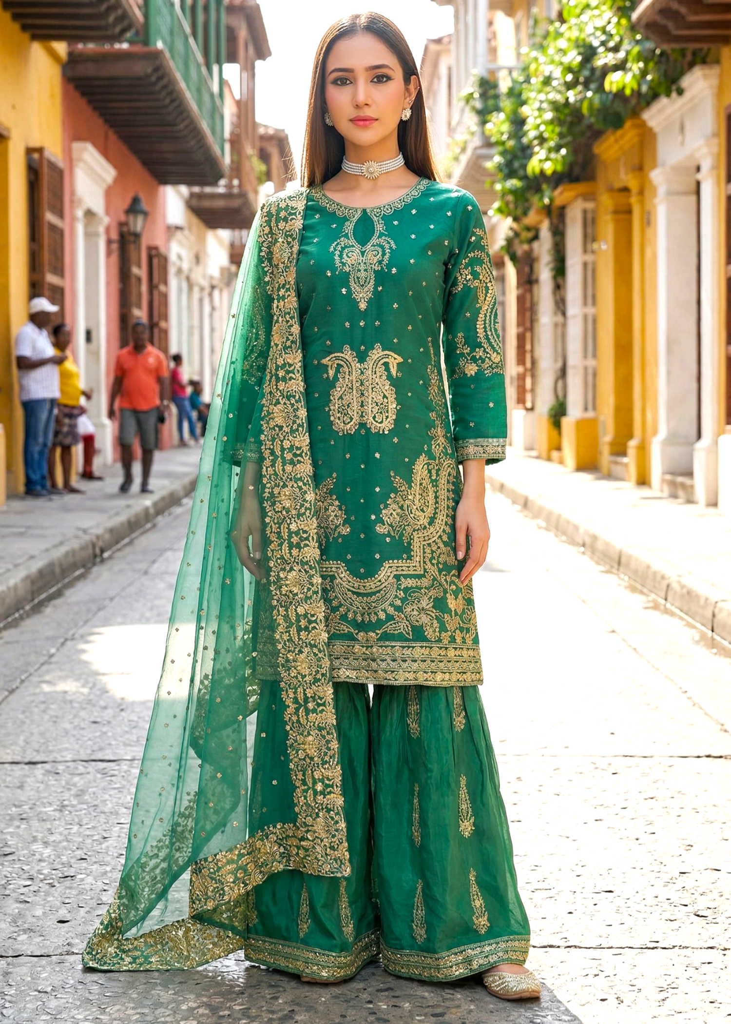 chiffon Gharara in Emerald green