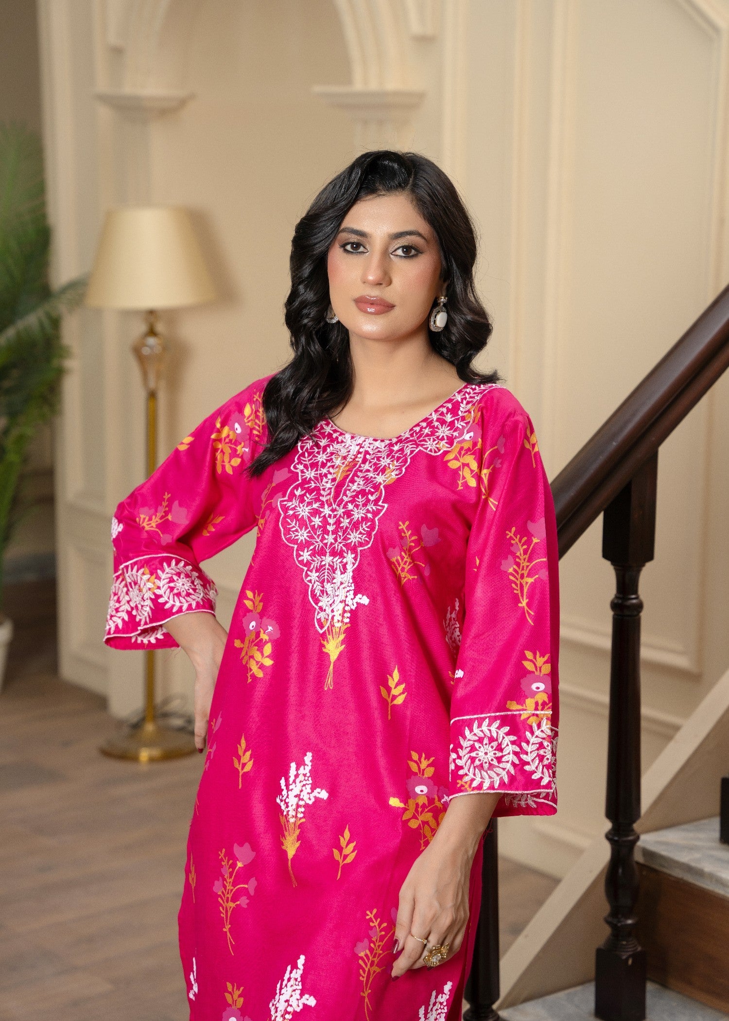 cambric Gharara in Hot pink