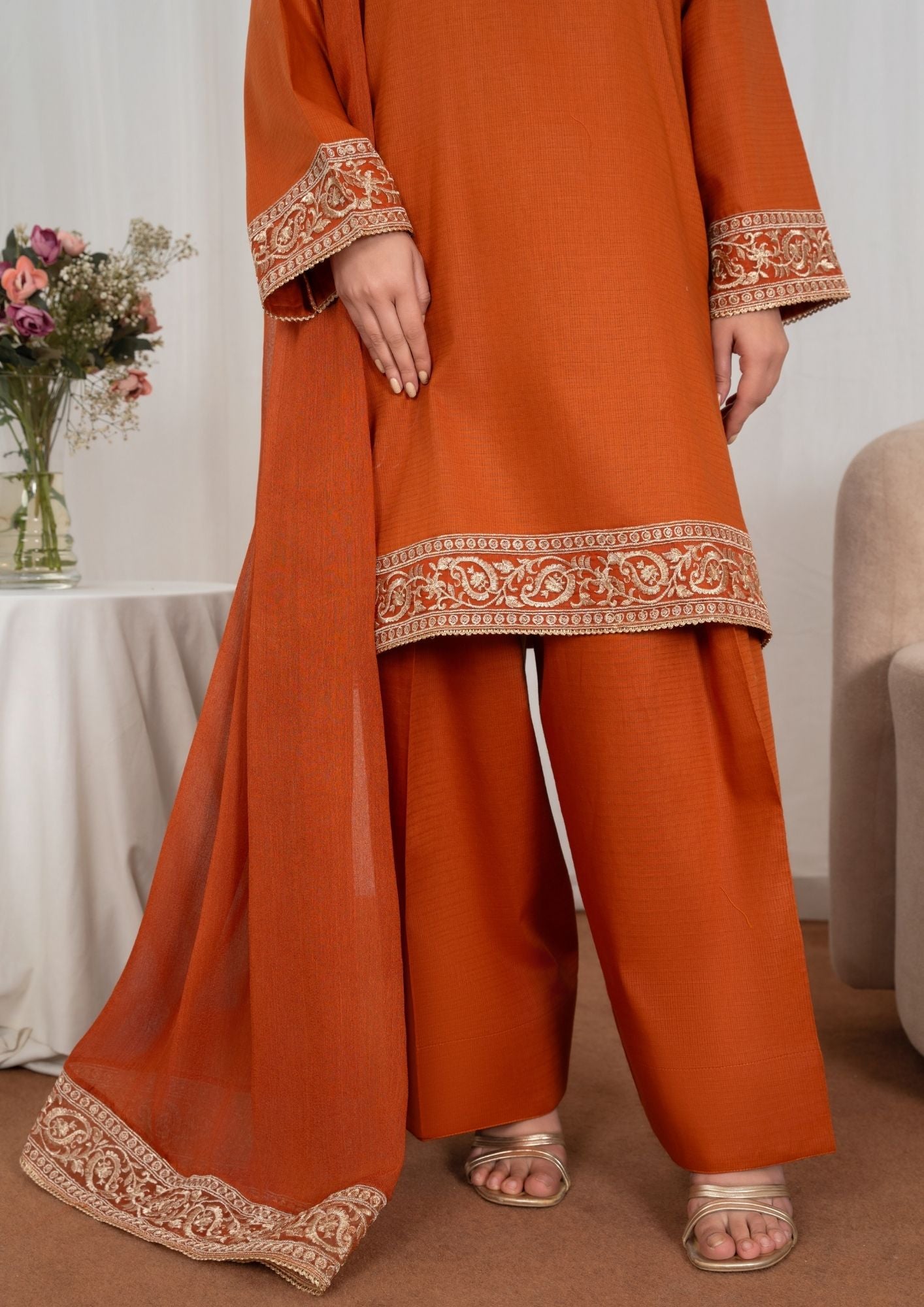 lawn Kurta Set in Rust orange