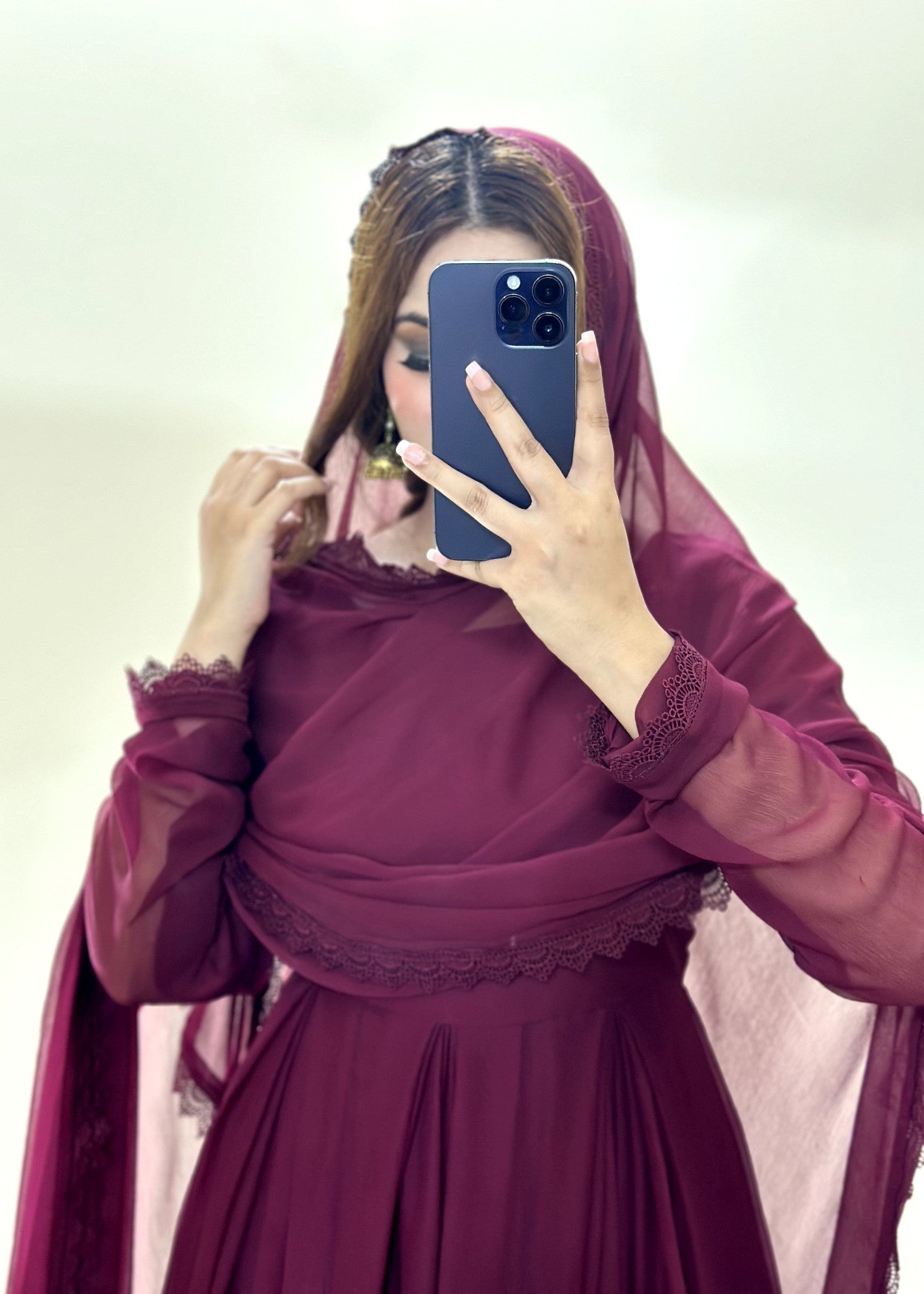 bemberg crinkle chiffon Anarkali in Burgundy