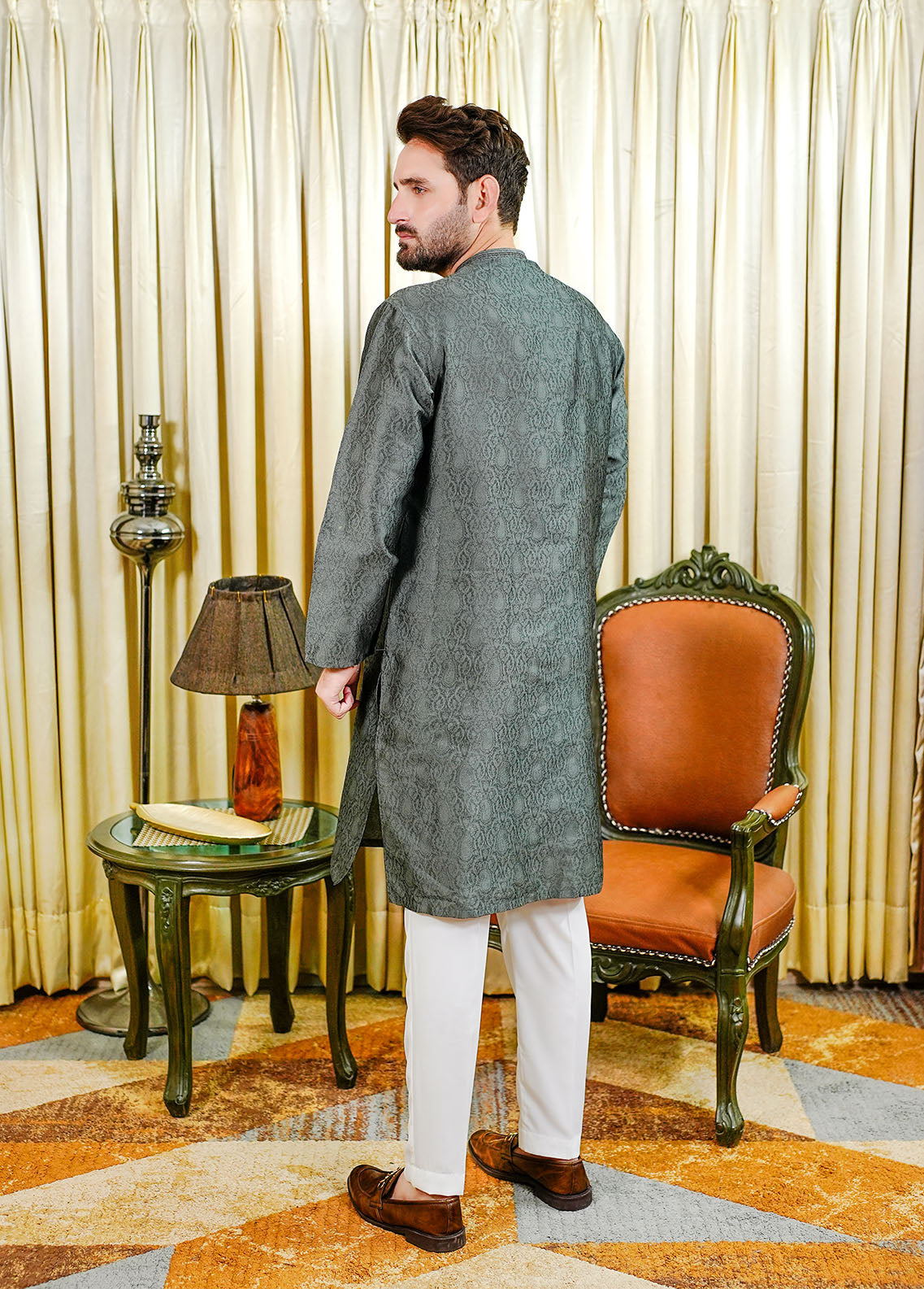 traditional jamawar Kurta in Iron grey