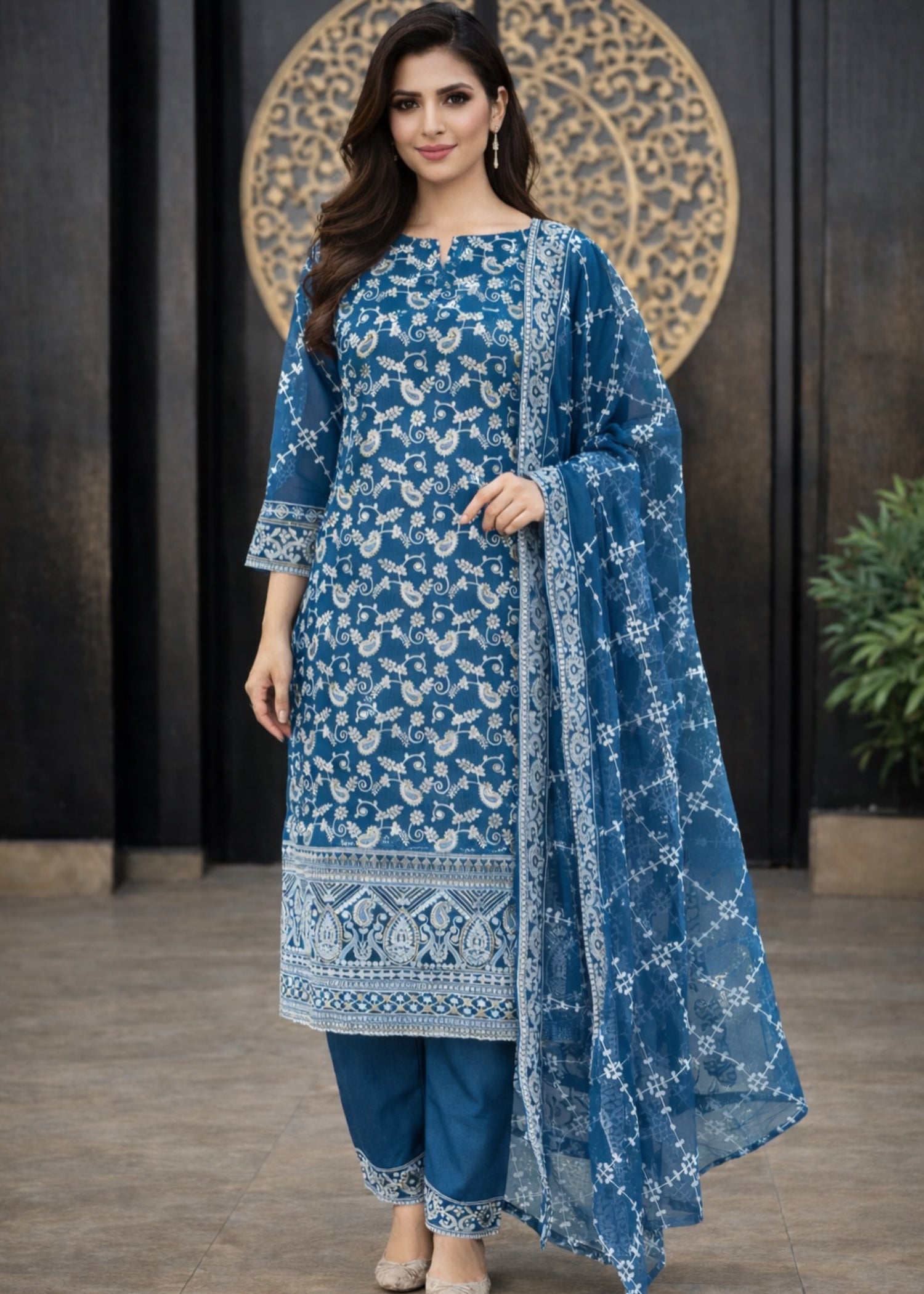 khaddi net Kurta Set in Teal