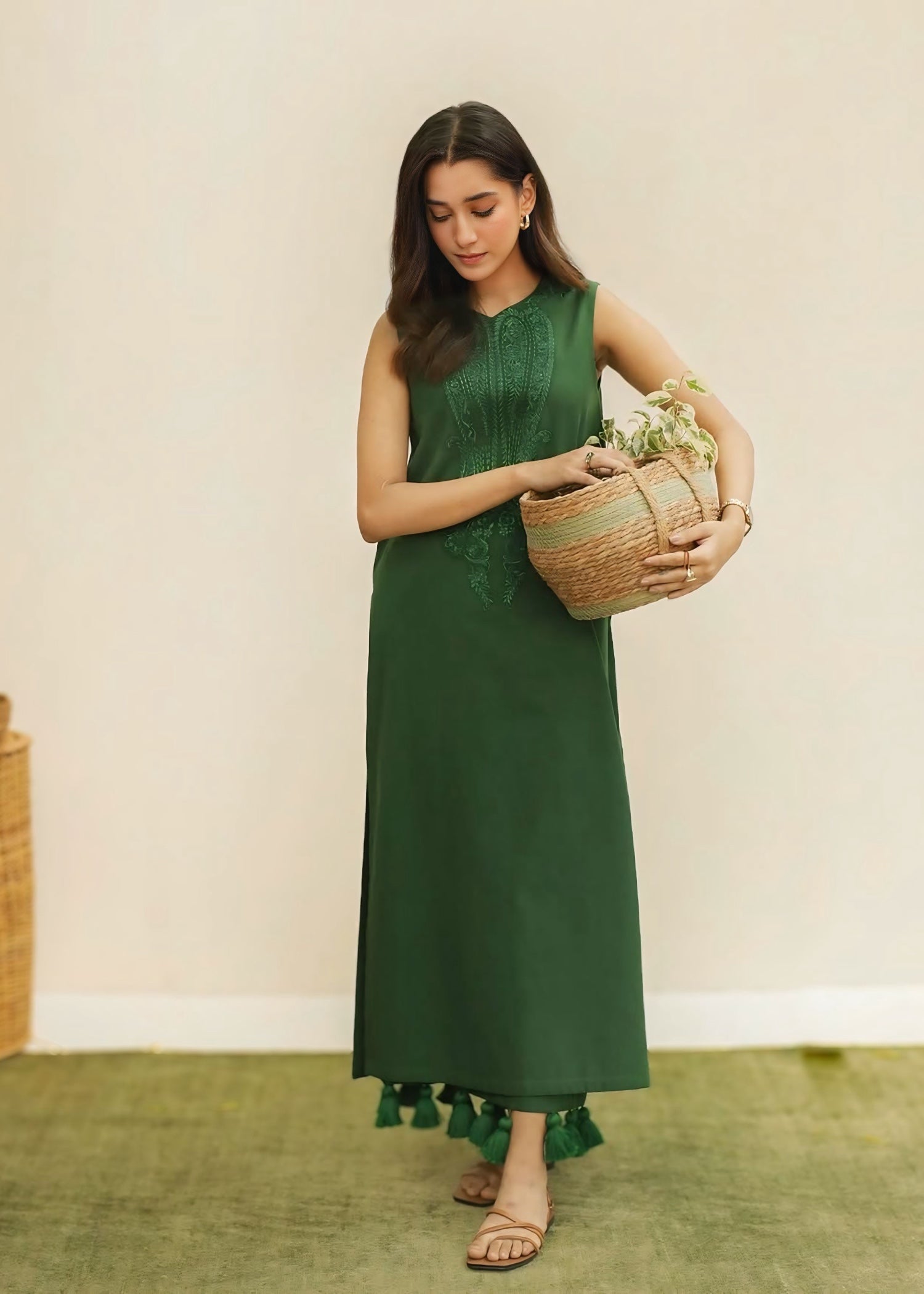 cotton viscose Gown in Forest green