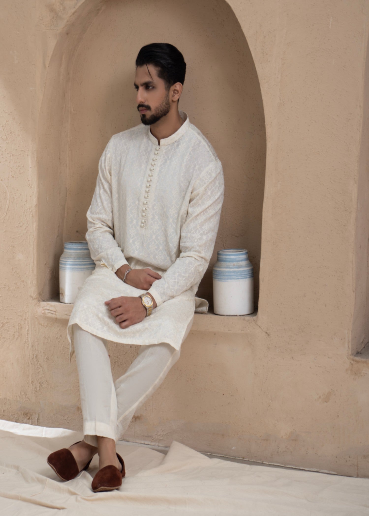 viscose raw silk Kurta Set in Off-white