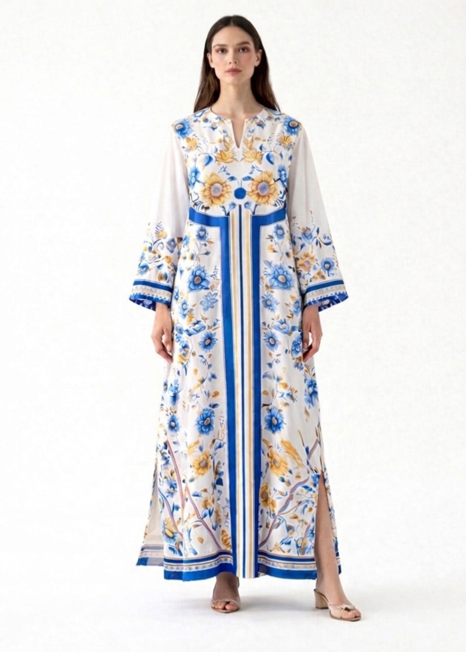 crepe Kaftan in Blue, ivory