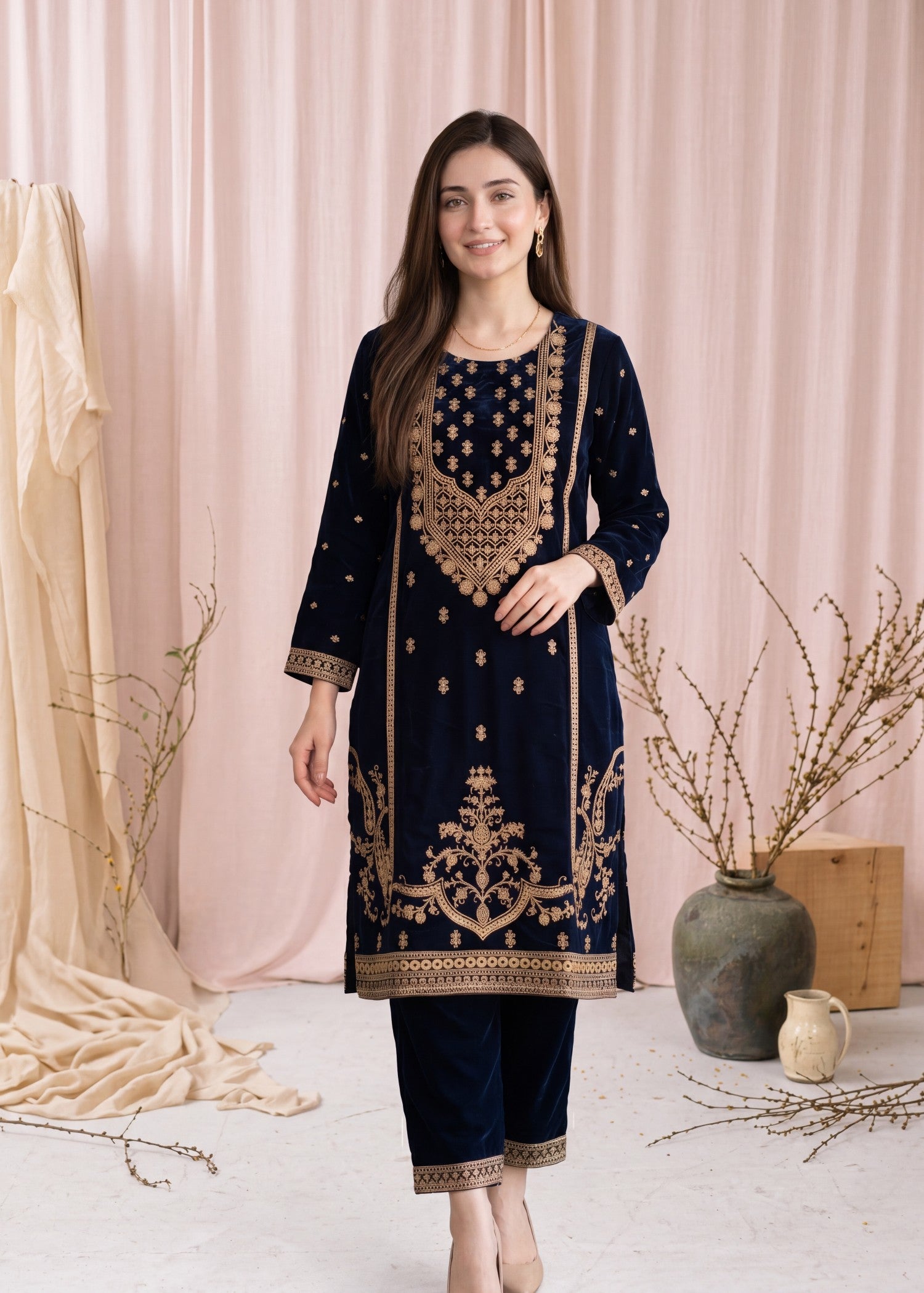 velvet Kurta Set in Royal blue