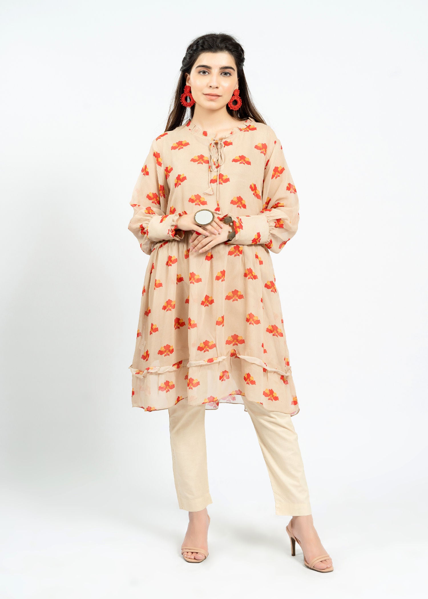 chiffon Short Frock in Beige