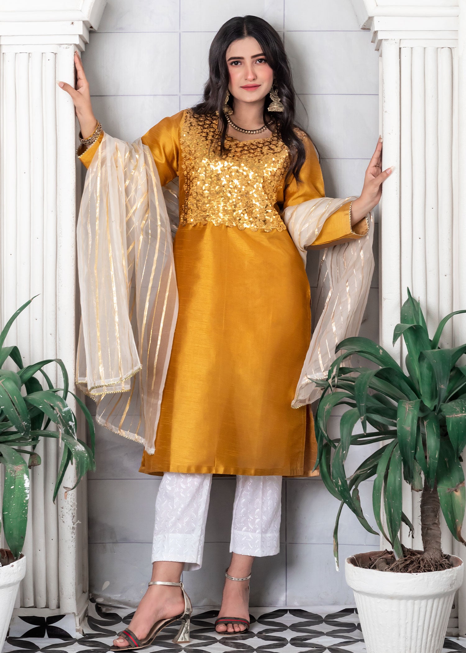 silk Kurta Set in Bronze orange