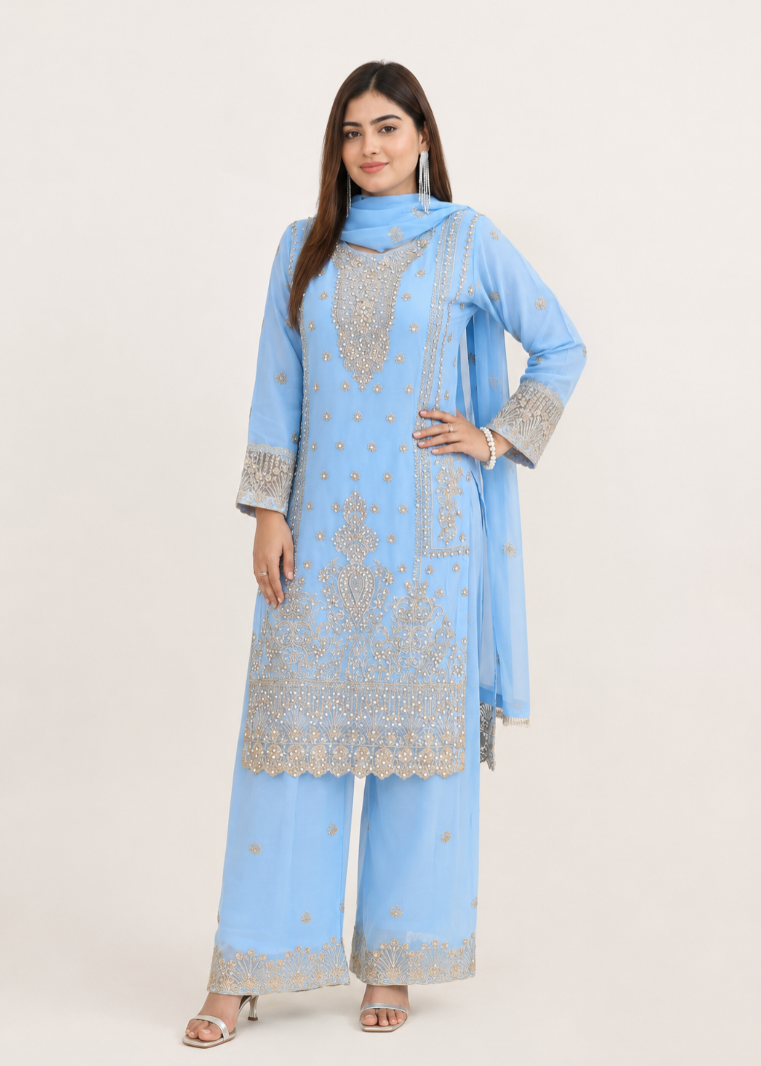 chiffon Kurta Set in Powder blue