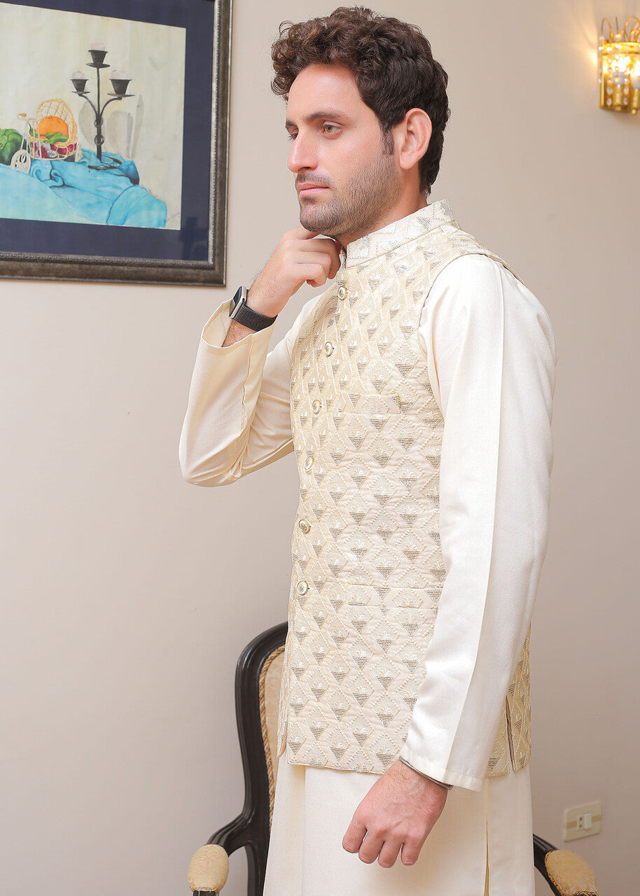 banarsi silk Waistcoat in Cream
