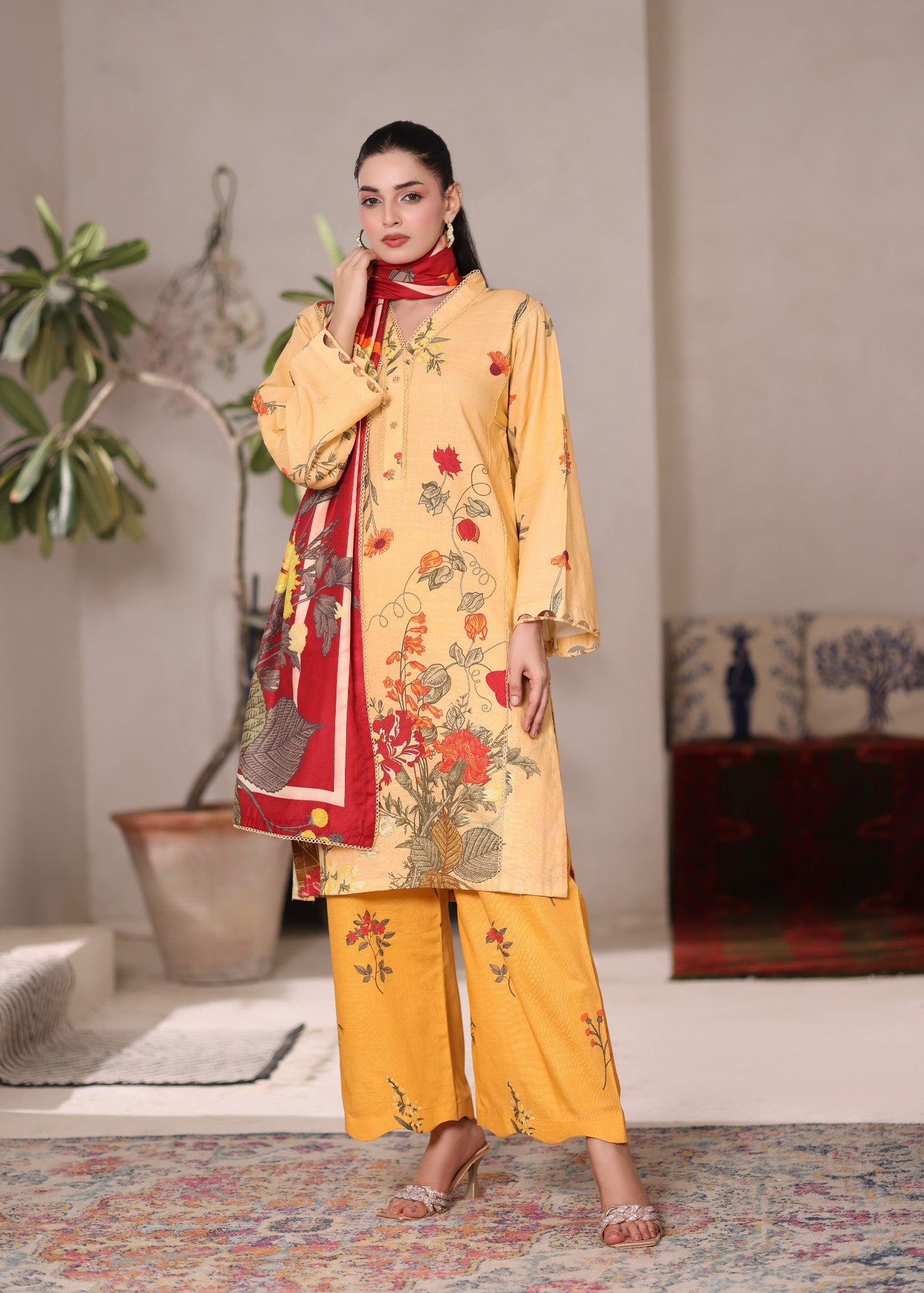 khaddar Kurta Set in Mustard, gold