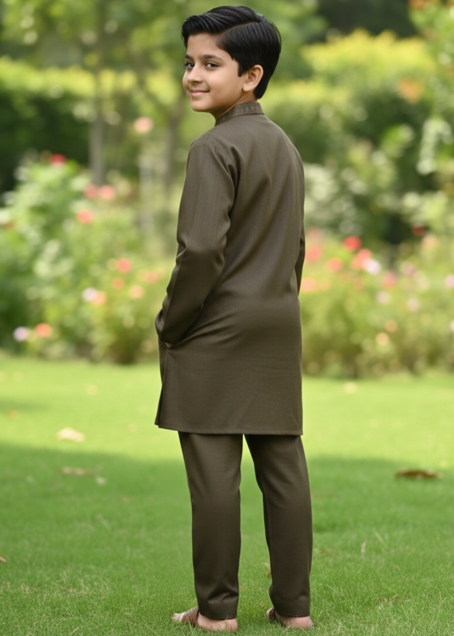 textured wash & wear Kurta Set in Umber brown
