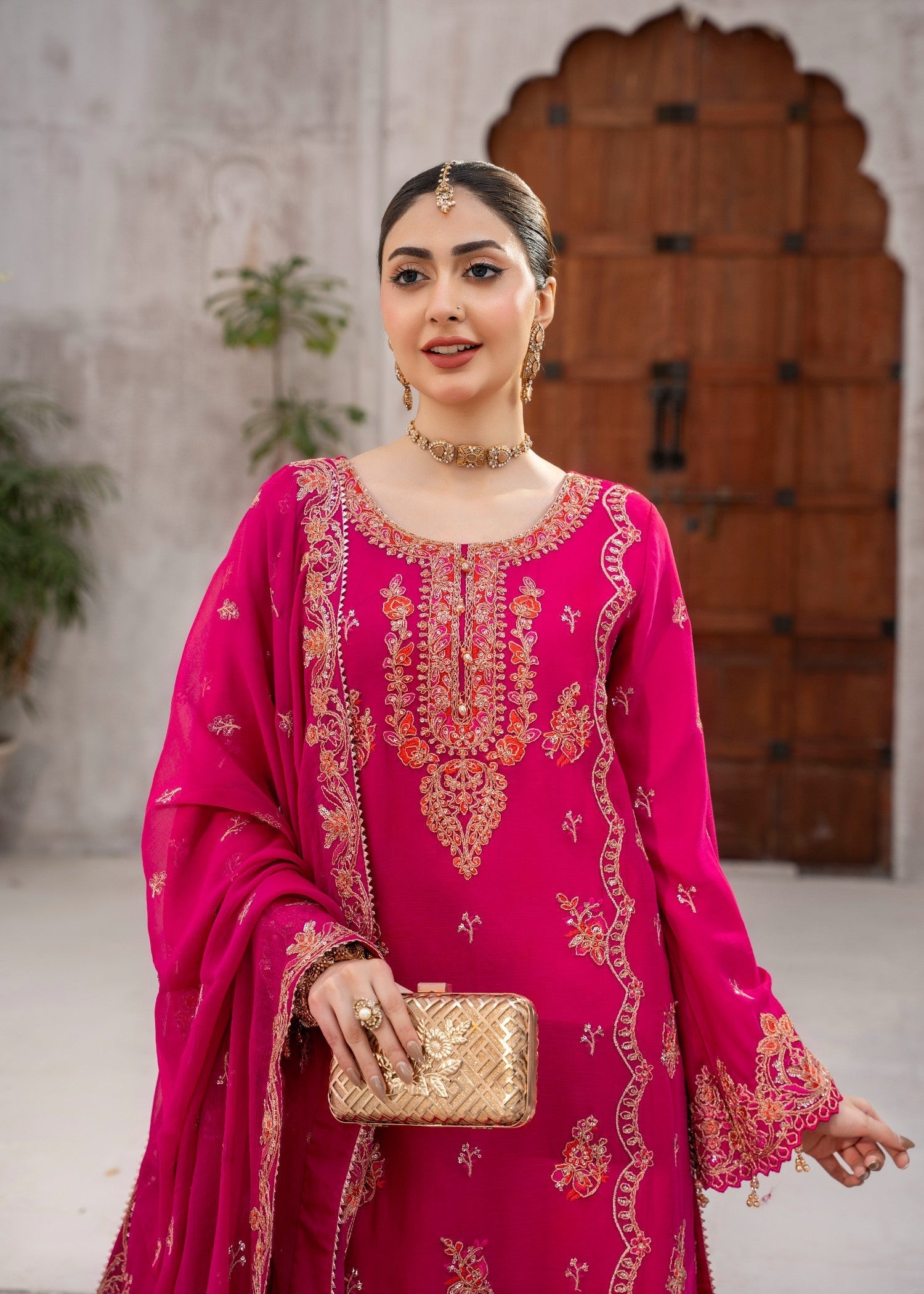 chiffon Kurta Set in Hot pink