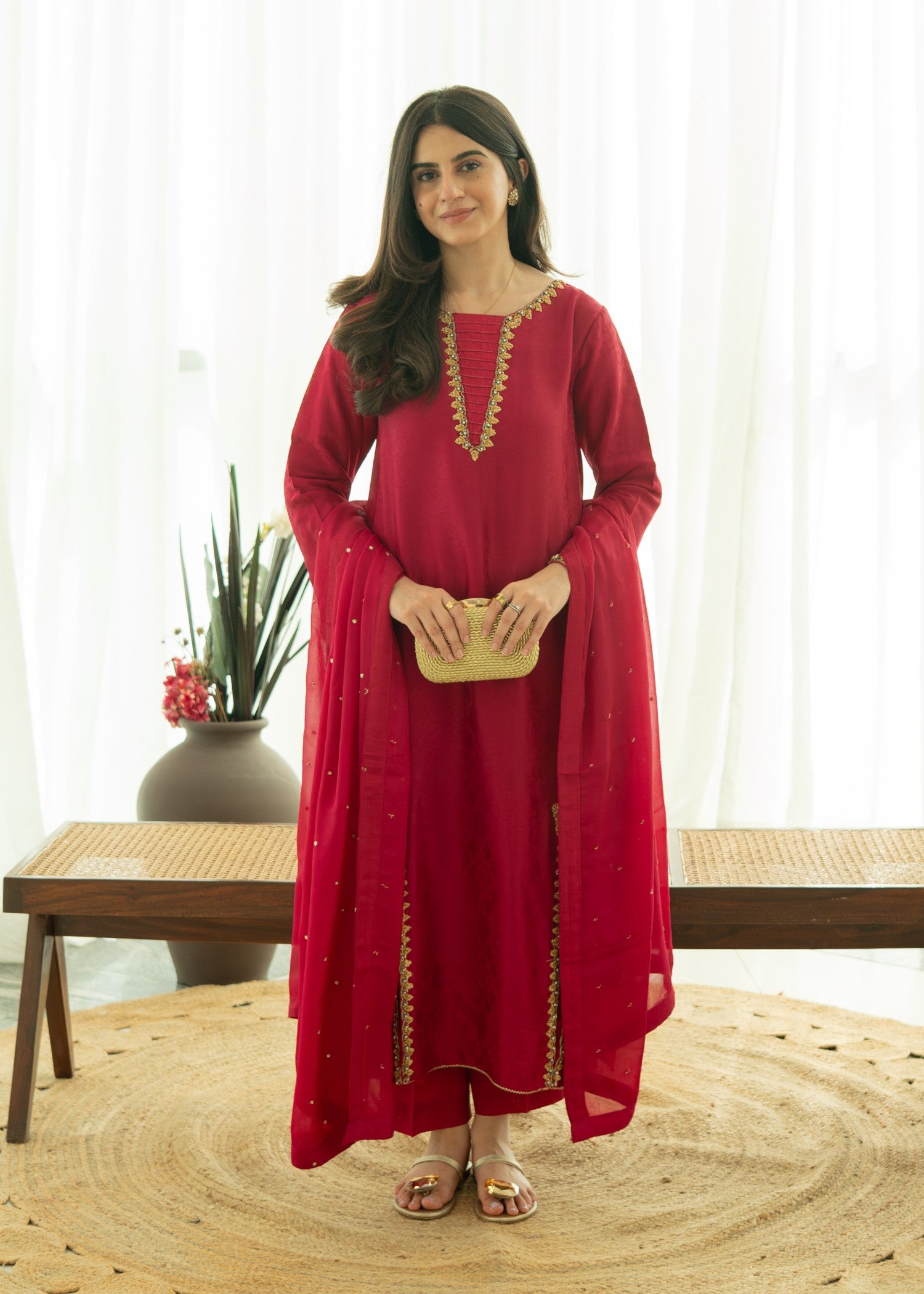silk Kurta Set in Raspberry pink