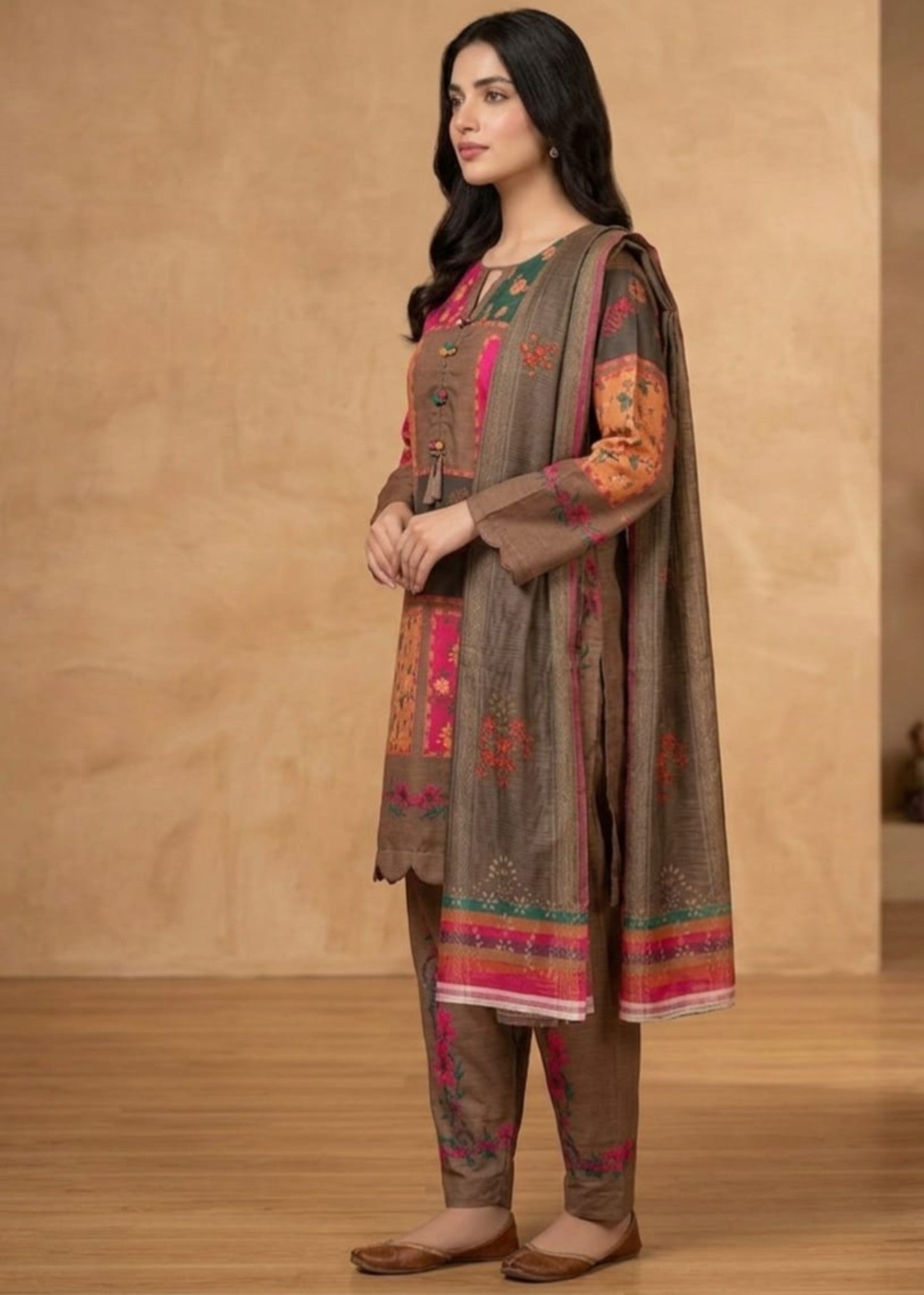 slub cambric Kurta Set in Multi