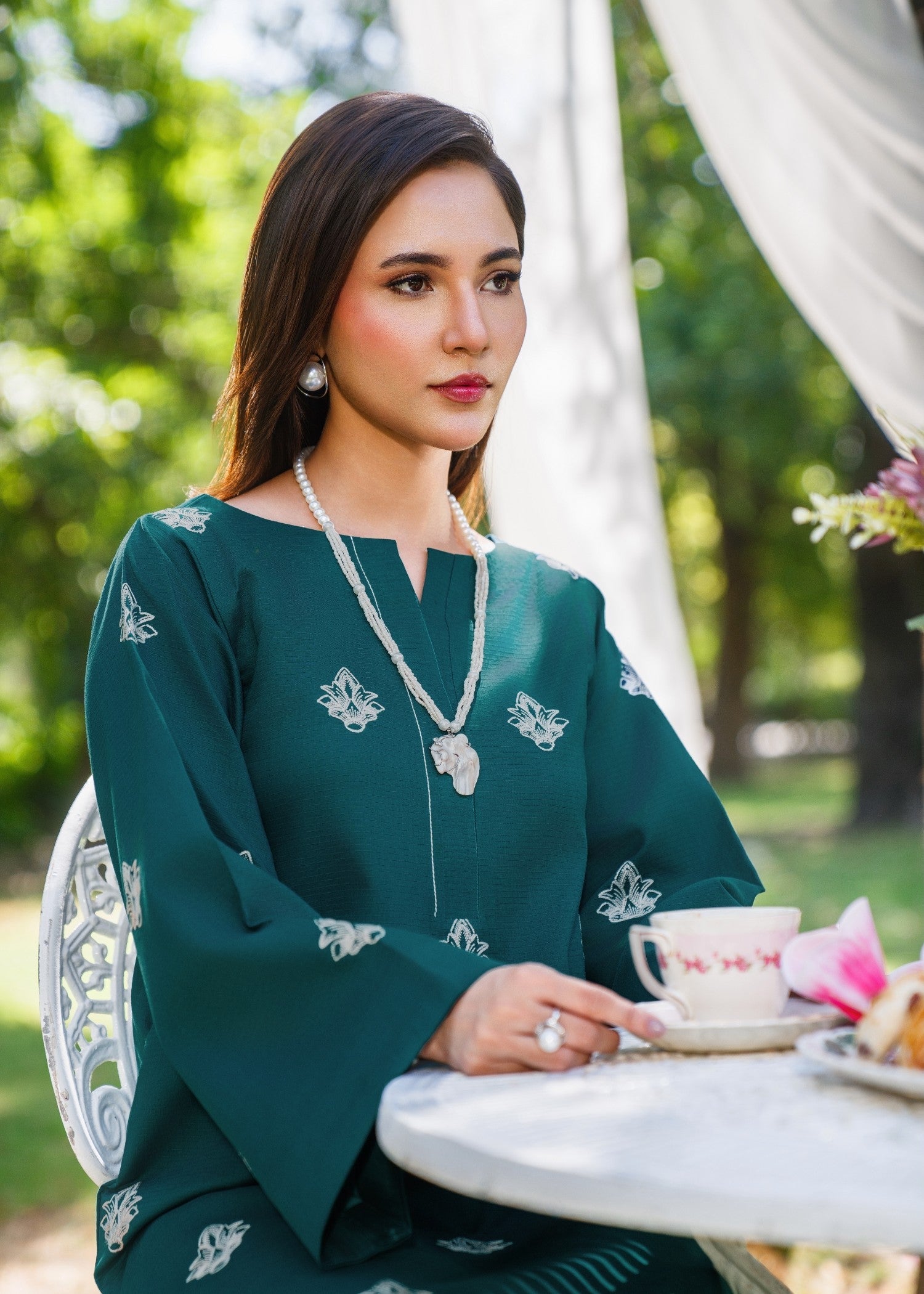 textured lawn Kurta Set in Pine green