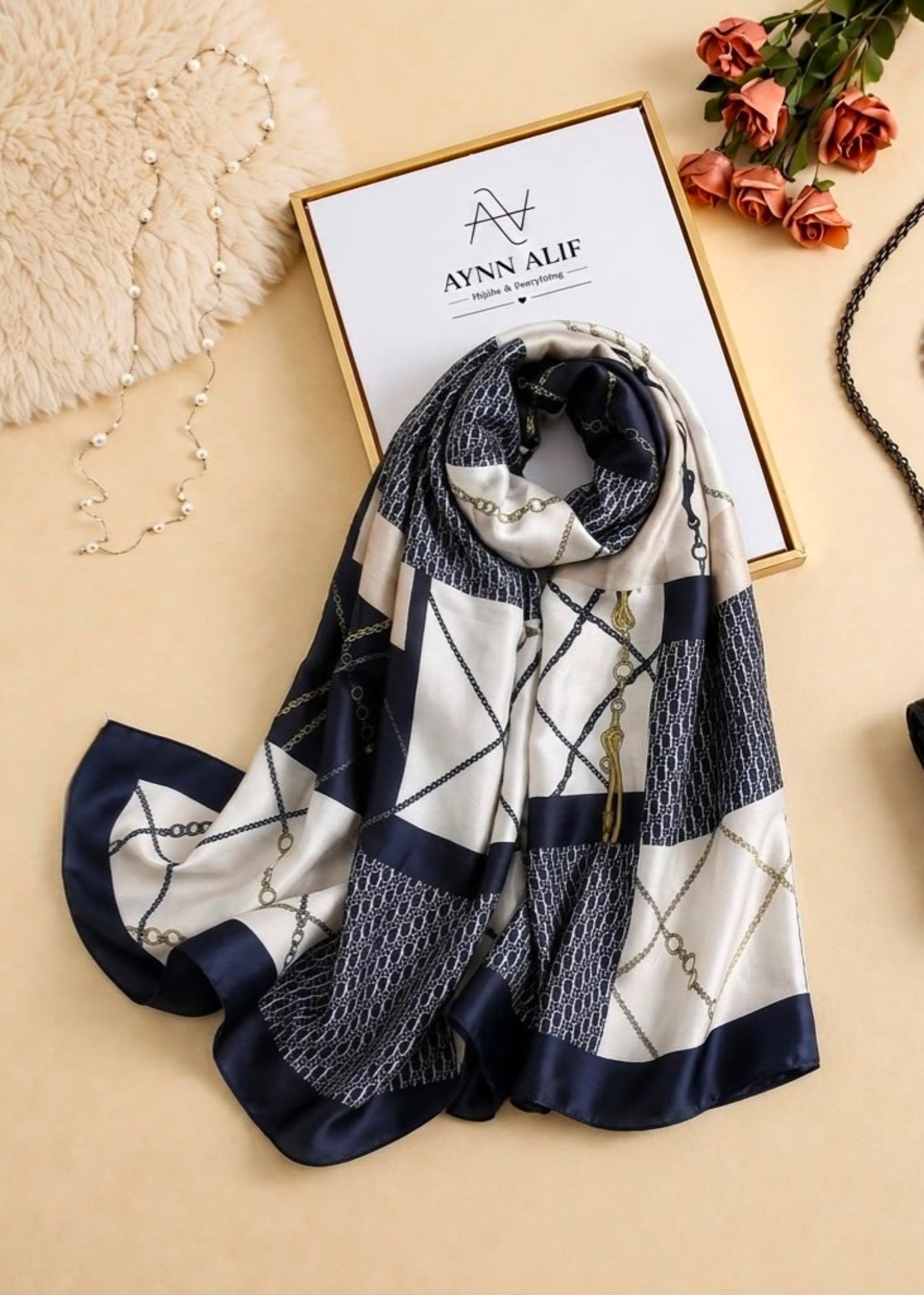 silk Hijab in Navy blue, off-white