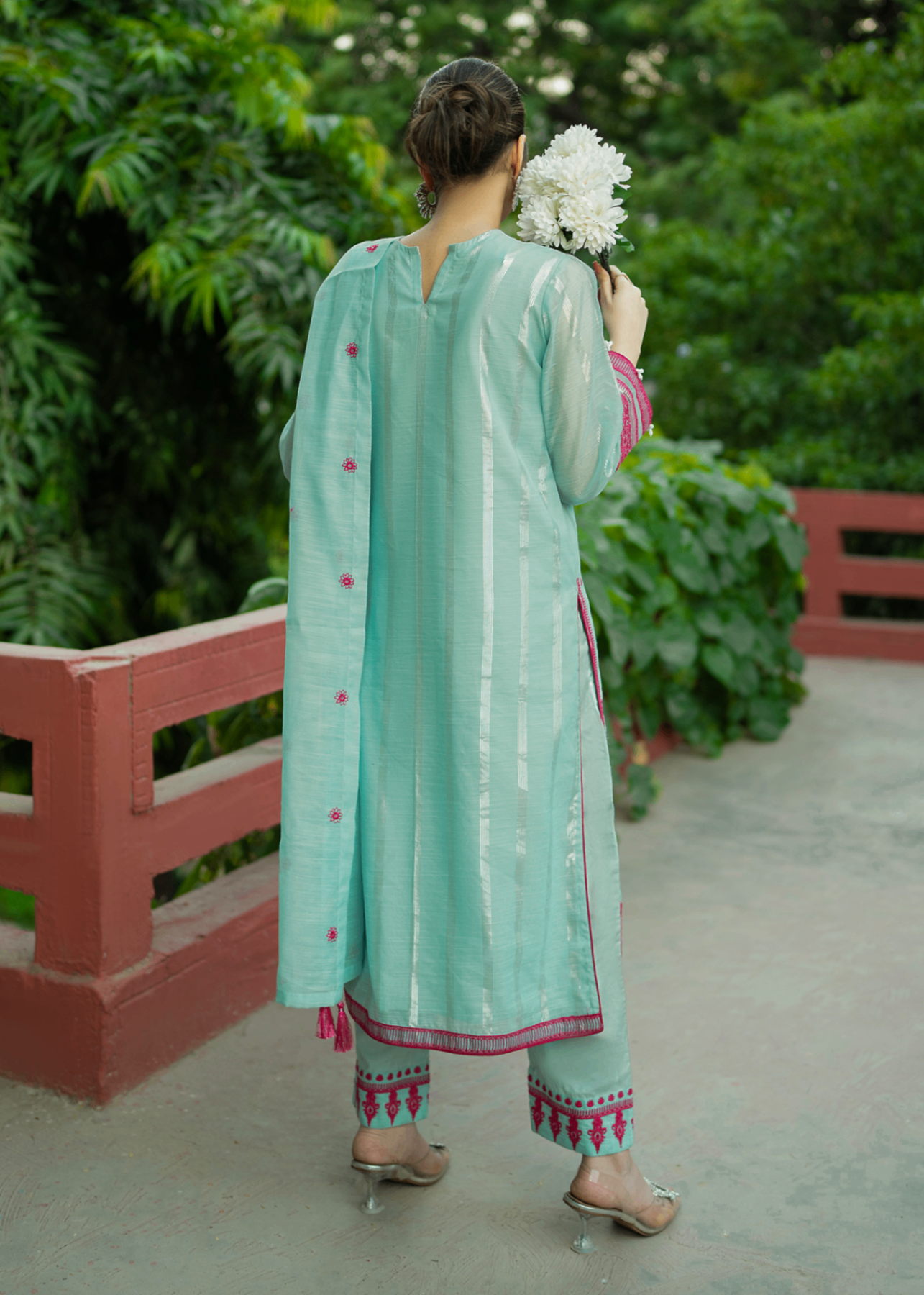 zari organza Kurta Set in Aquamarine