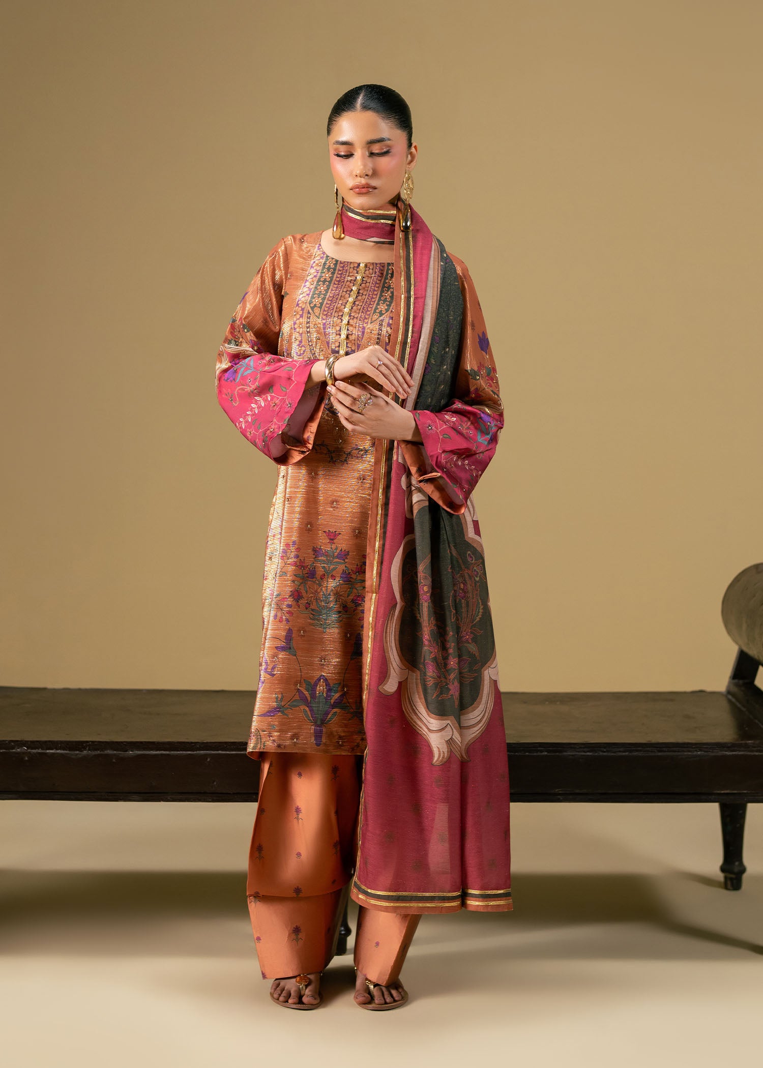zari net Kurta Set in Rust orange