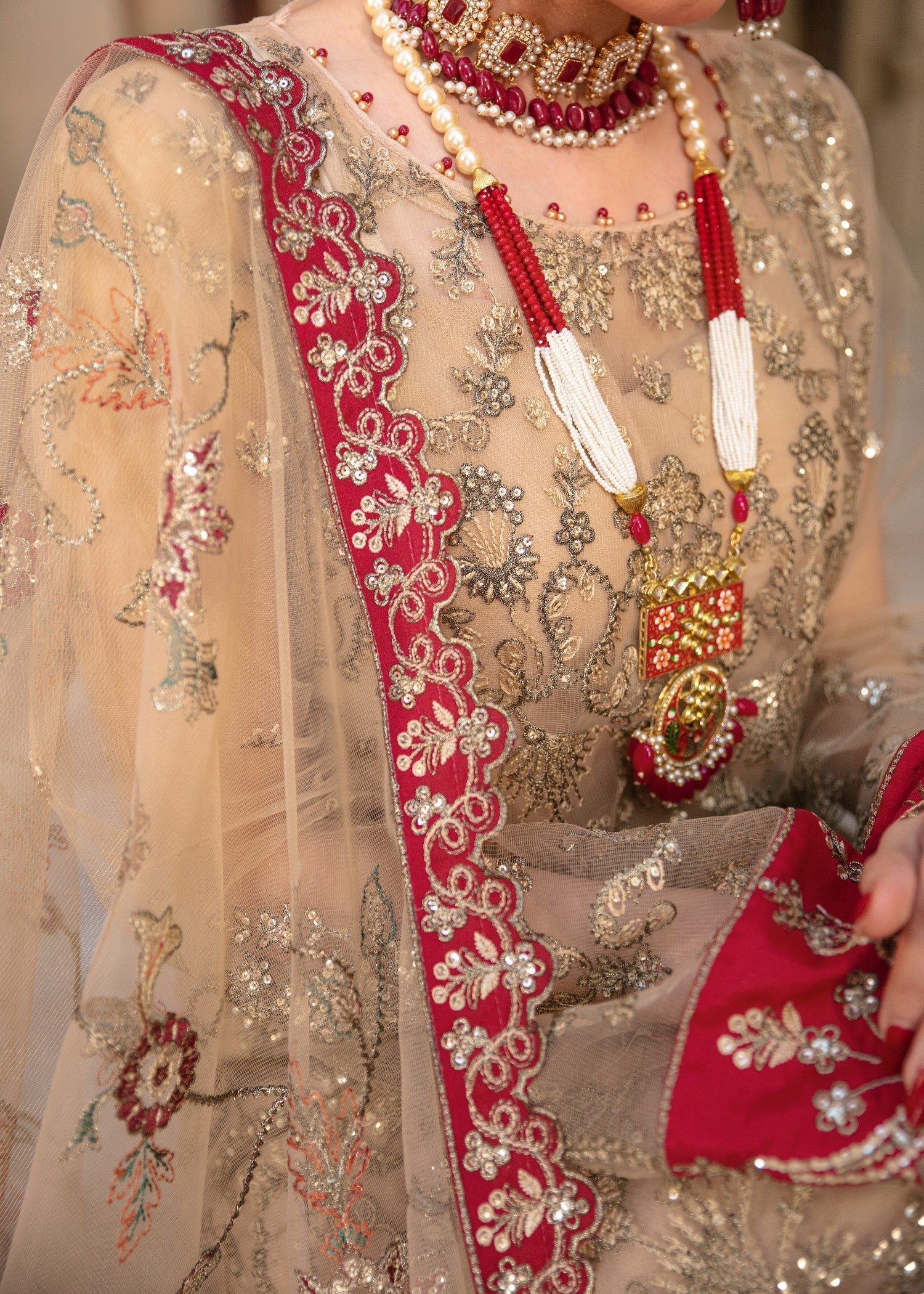 net Kurta Set in Beige