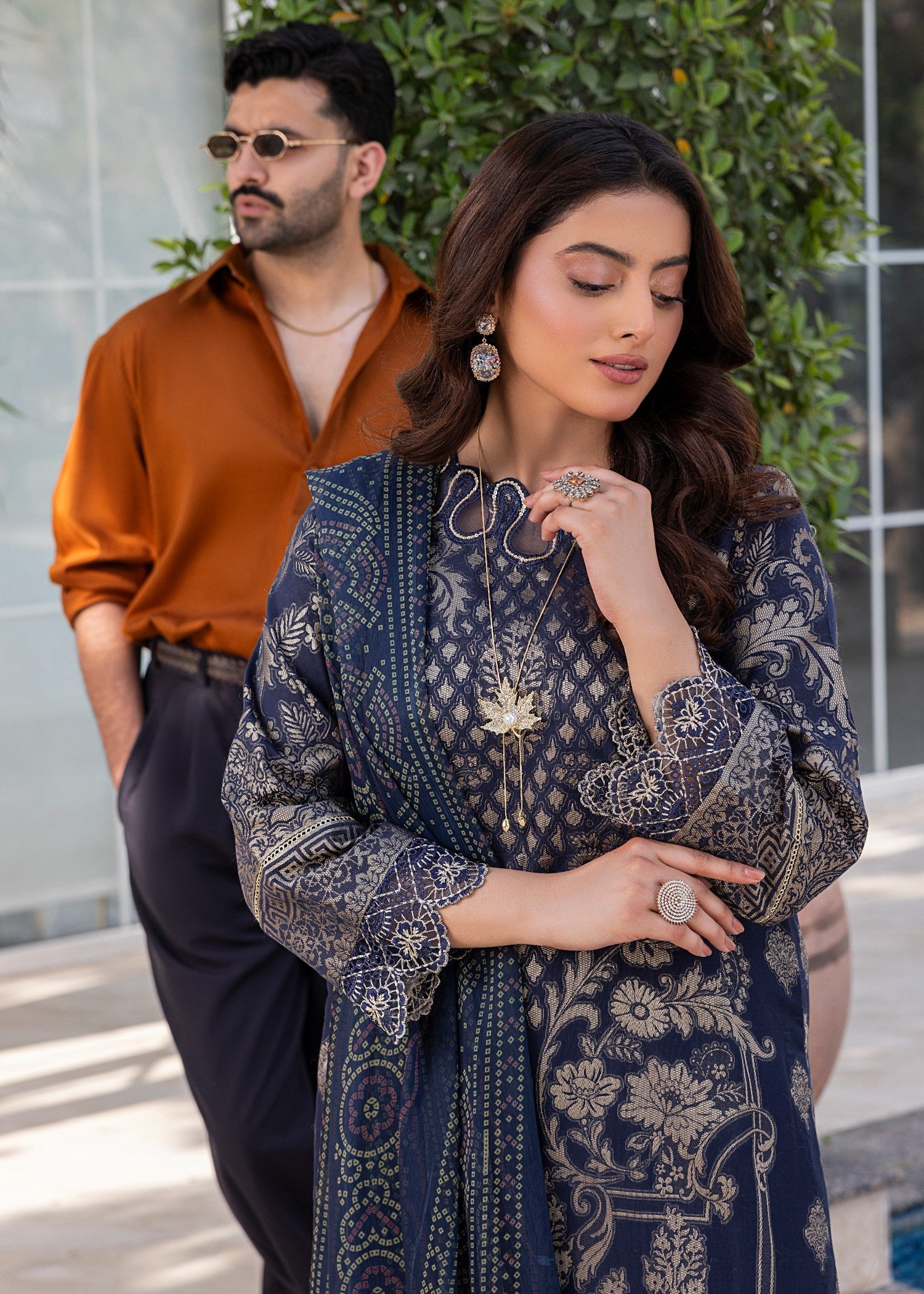 jacquard Kurta Set in Navy blue