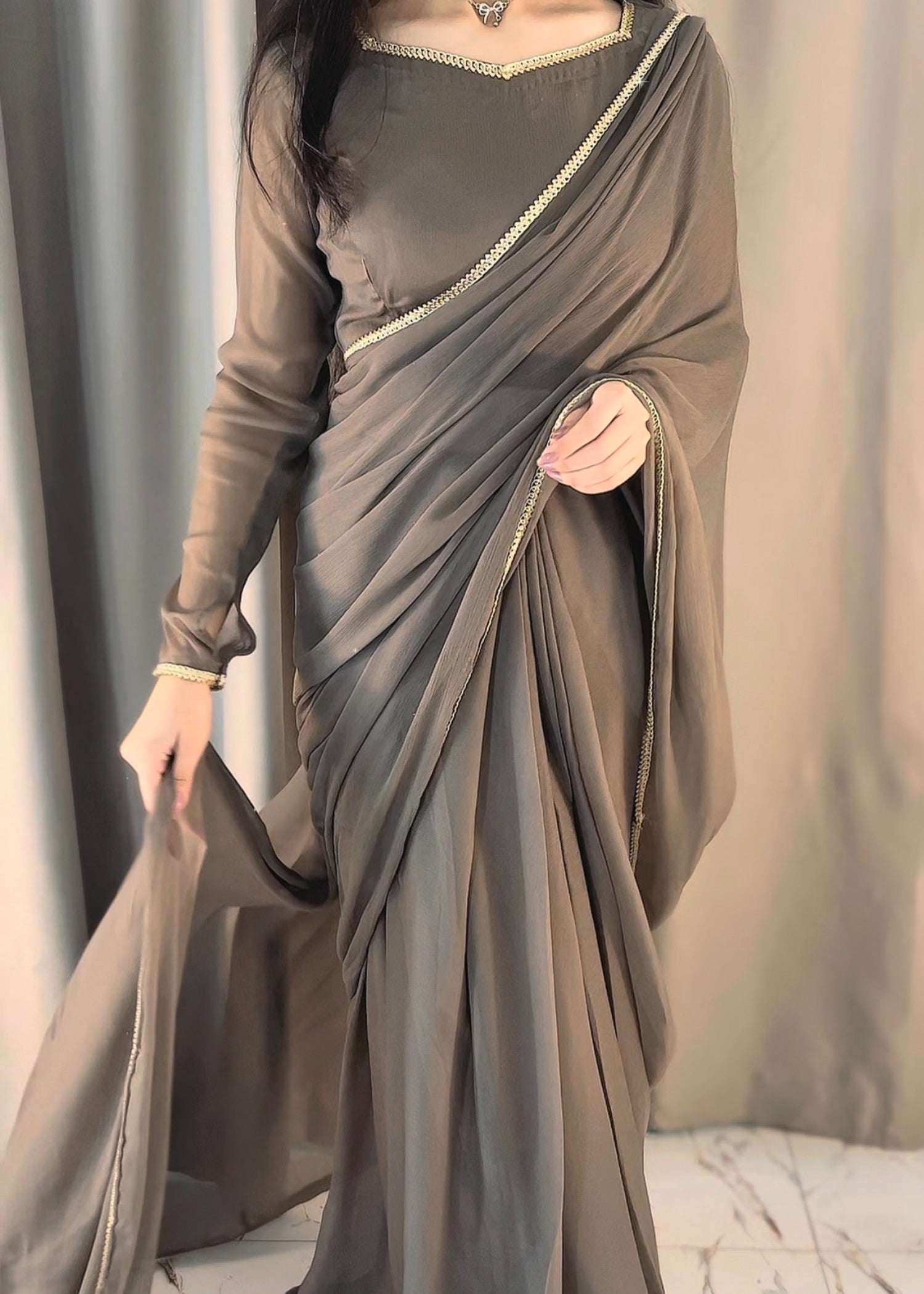 chiffon Saree in Tan brown