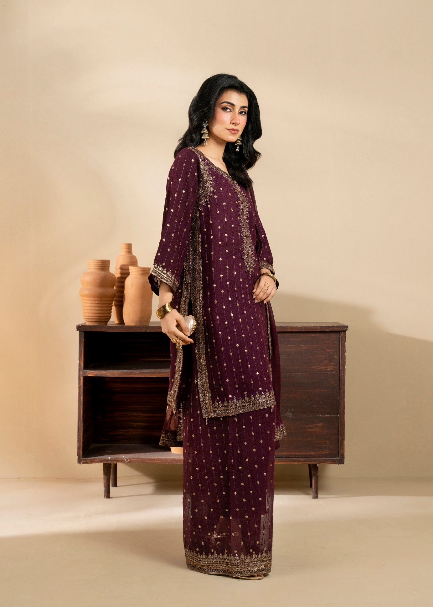 chiffon Kurta Set in Burgundy