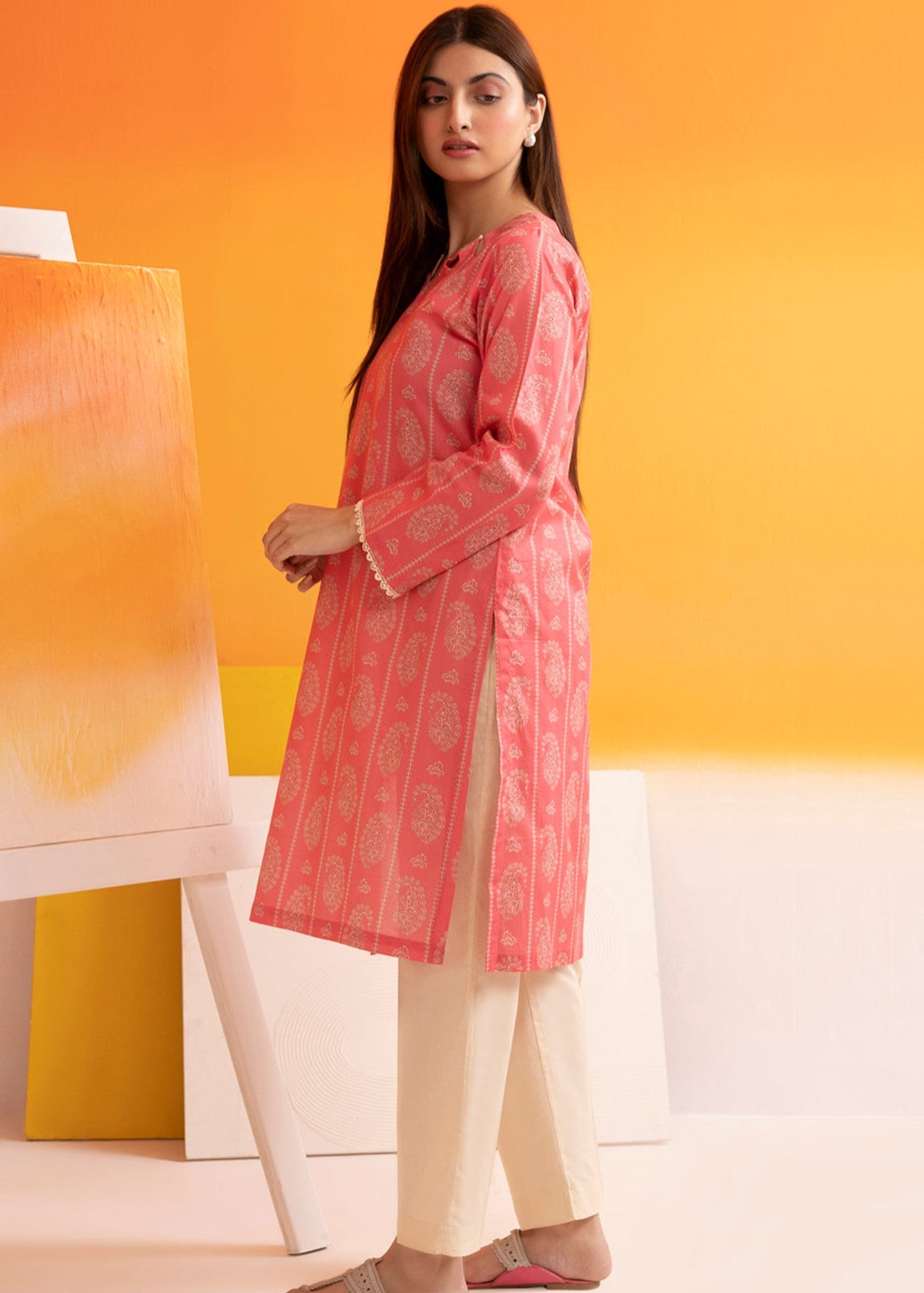 lawn Kurti in Salmon