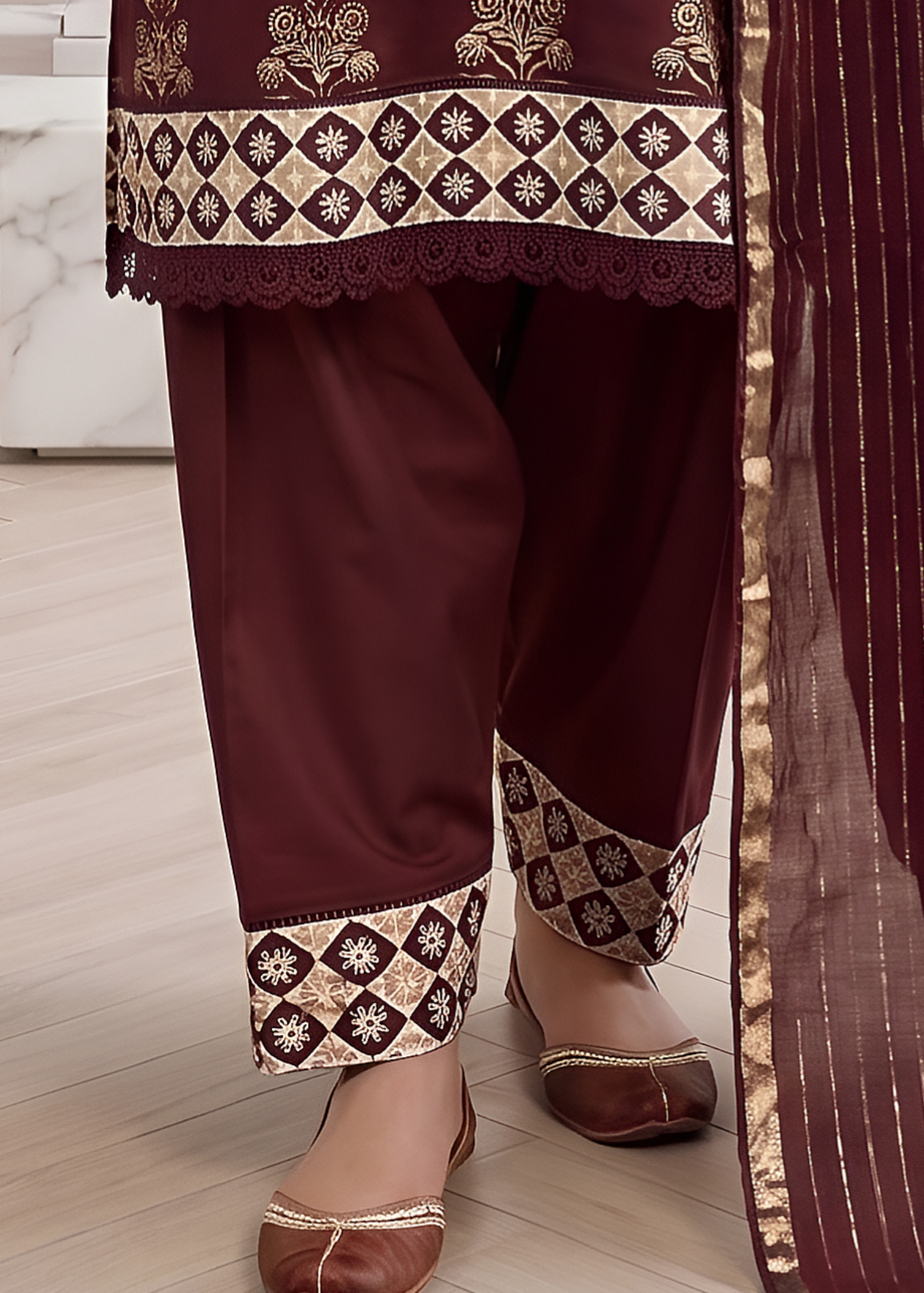 linen chambray Kurta Set in Brown