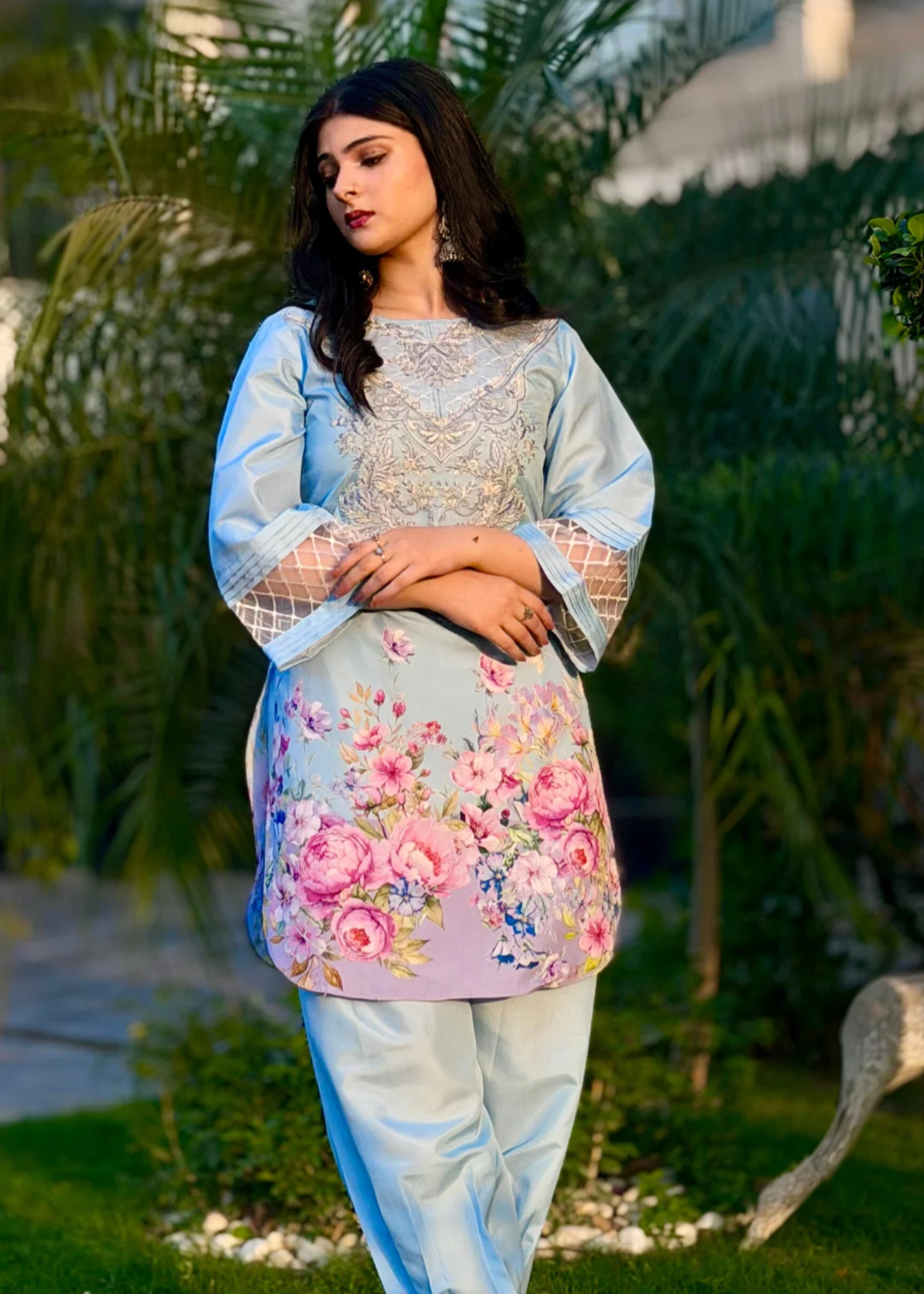 lawn Kurta Set in Baby blue
