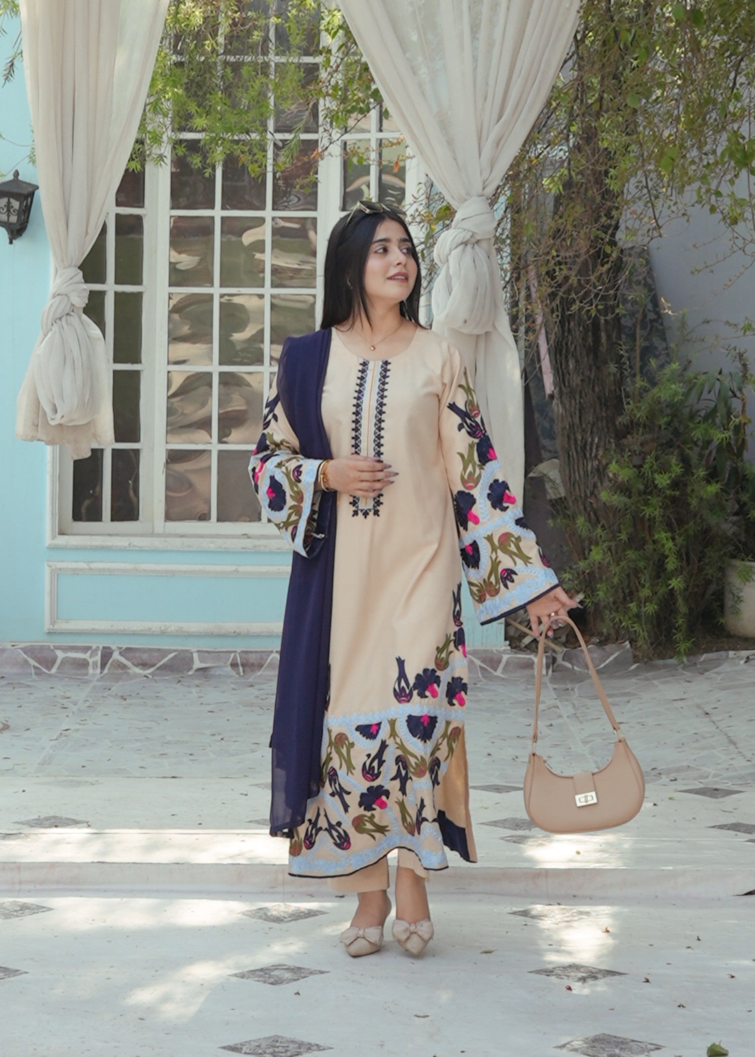 cotton Kurta Set in Beige, navy blue