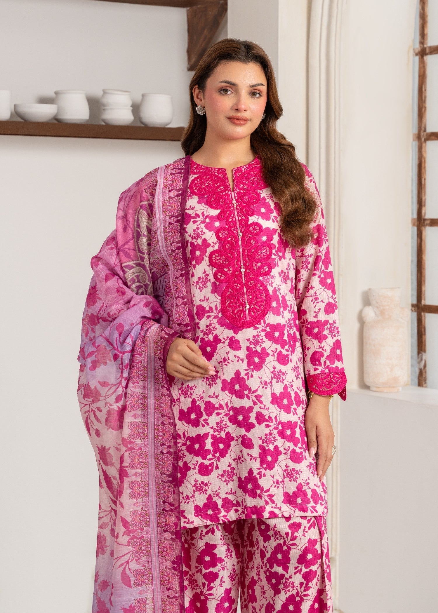textured lawn Kurta Set in Shocking pink