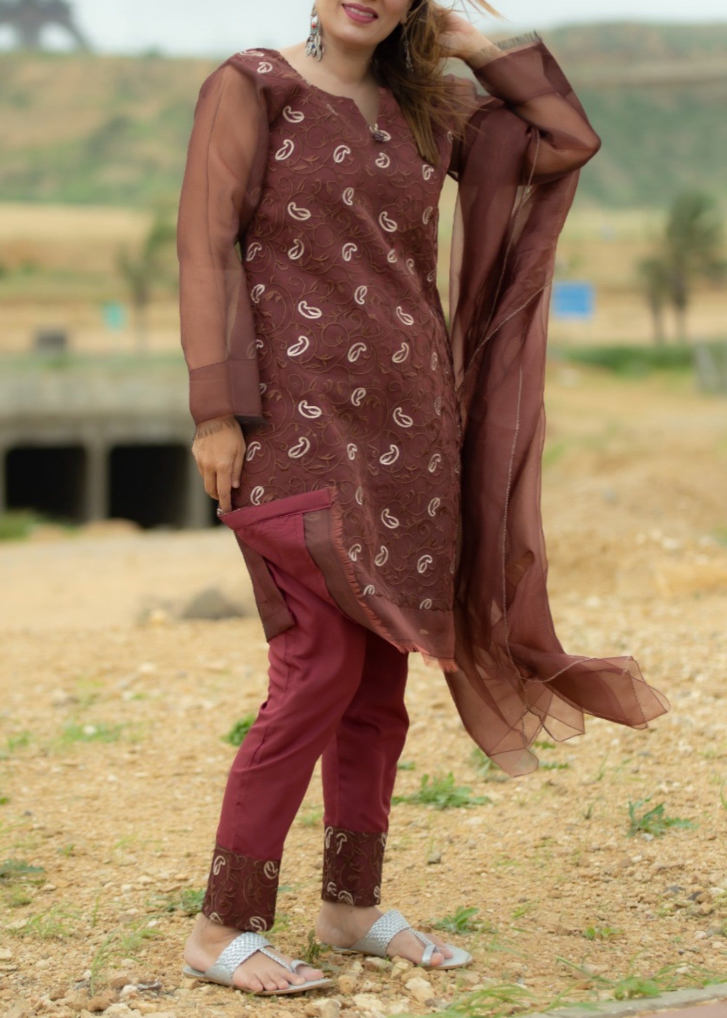 organza Kurta Set in Brown, maroon