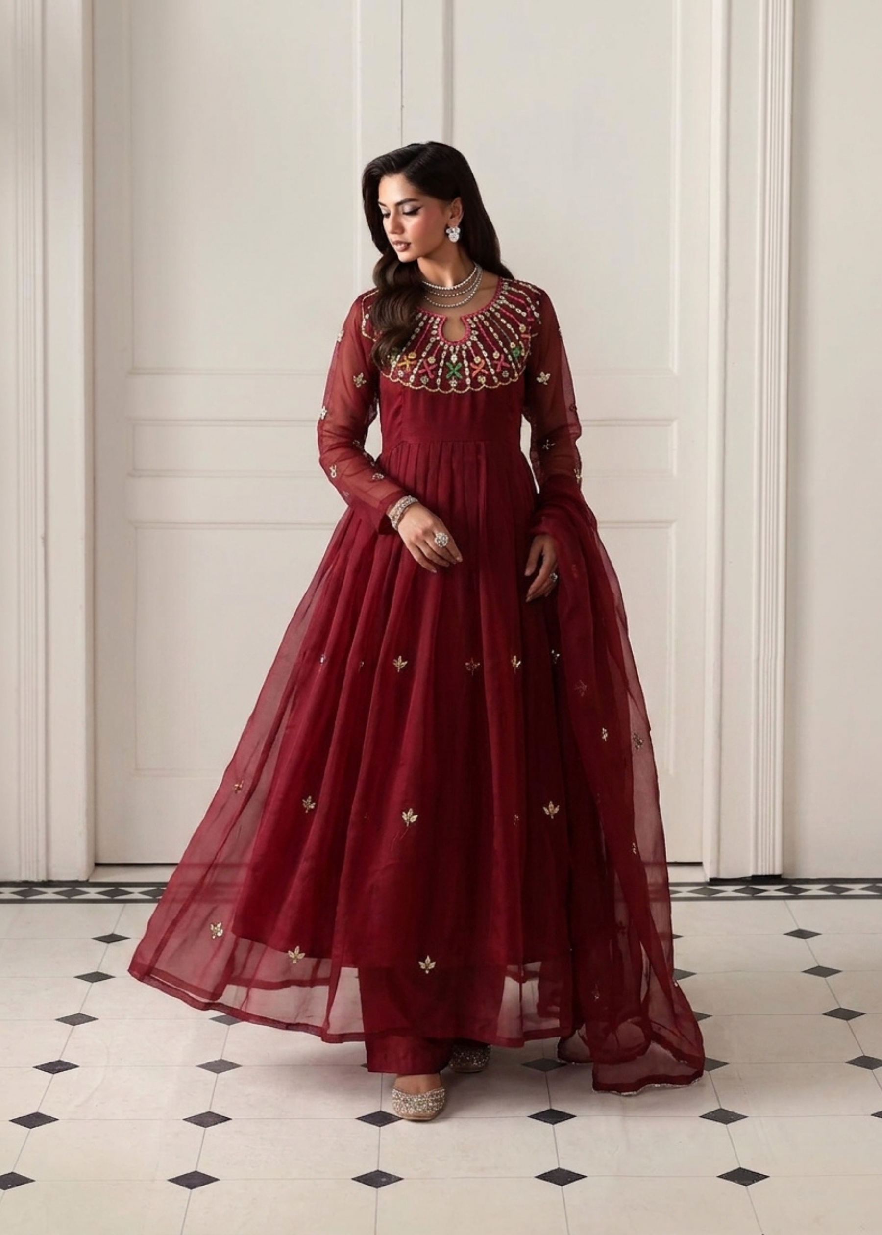 poly organza Anarkali in Maroon
