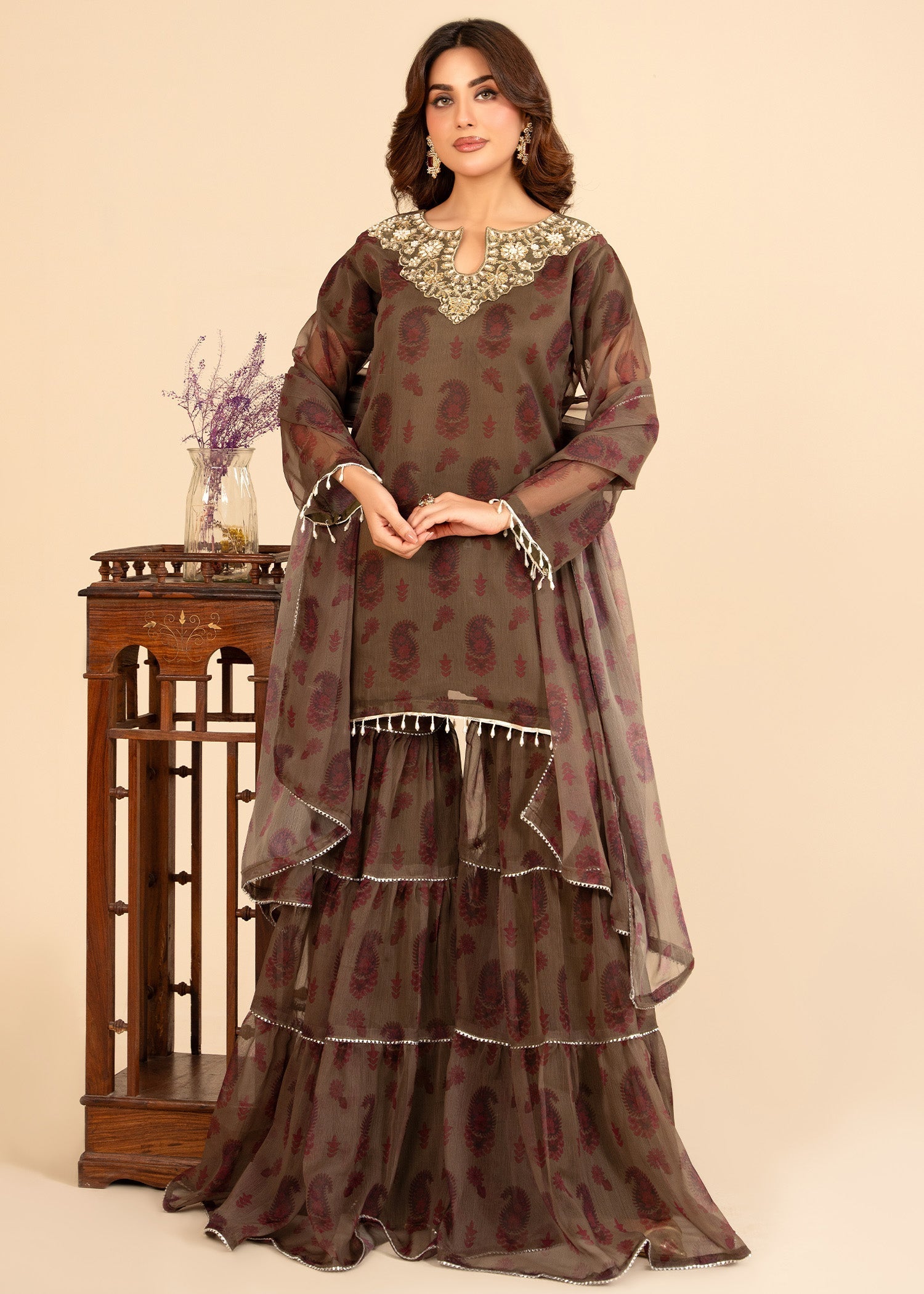 bemberg crinkle chiffon Gharara in Brown