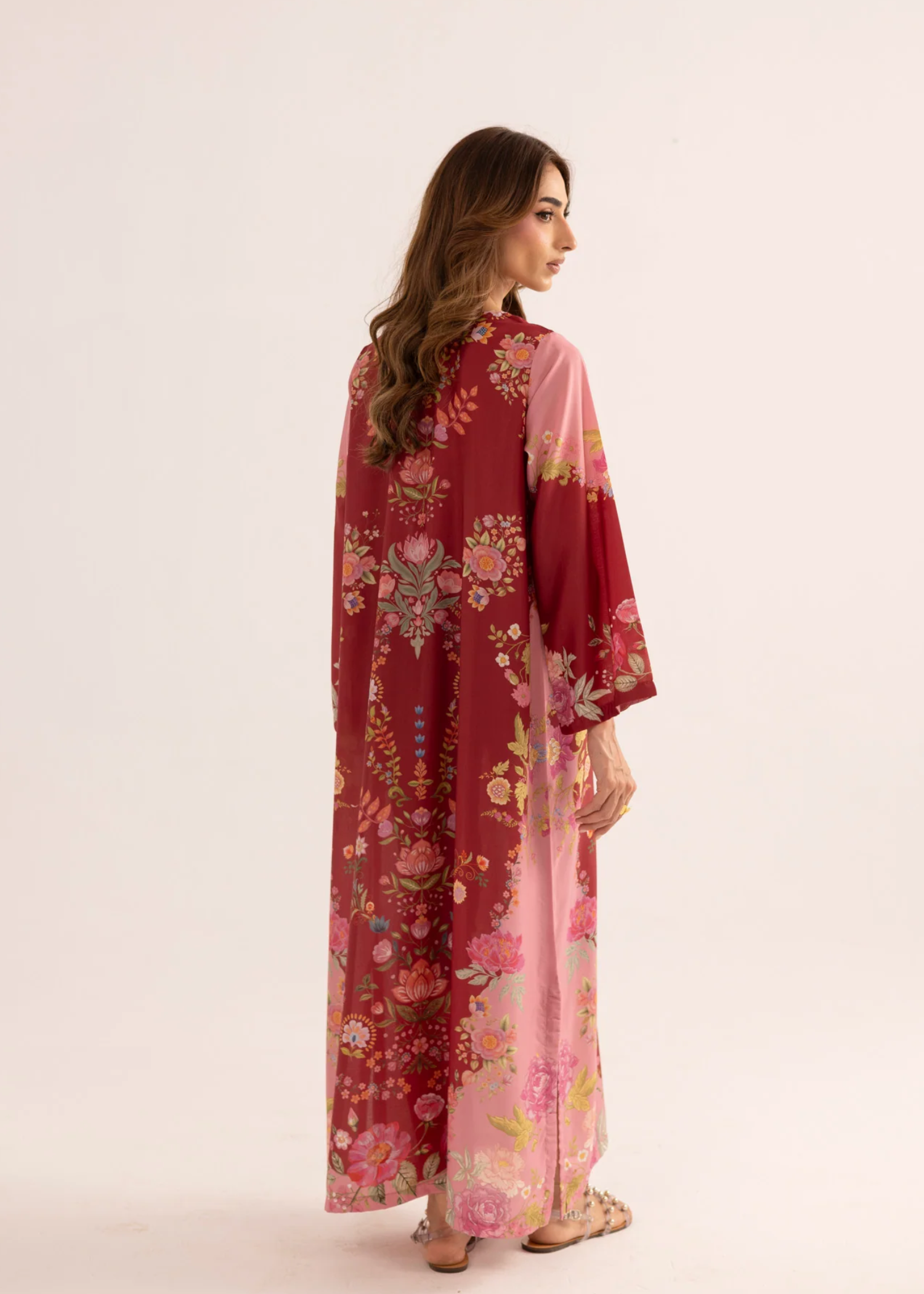 silk finish lawn Kaftan in Blood red