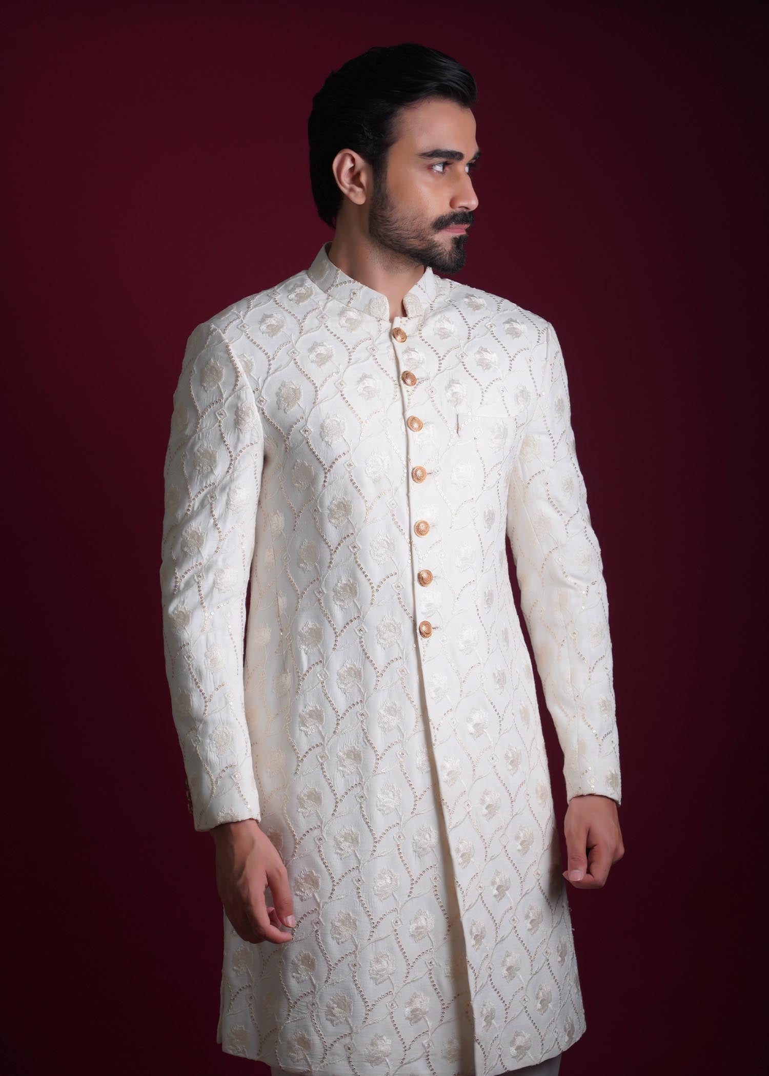 viscose raw silk Sherwani in Off-white