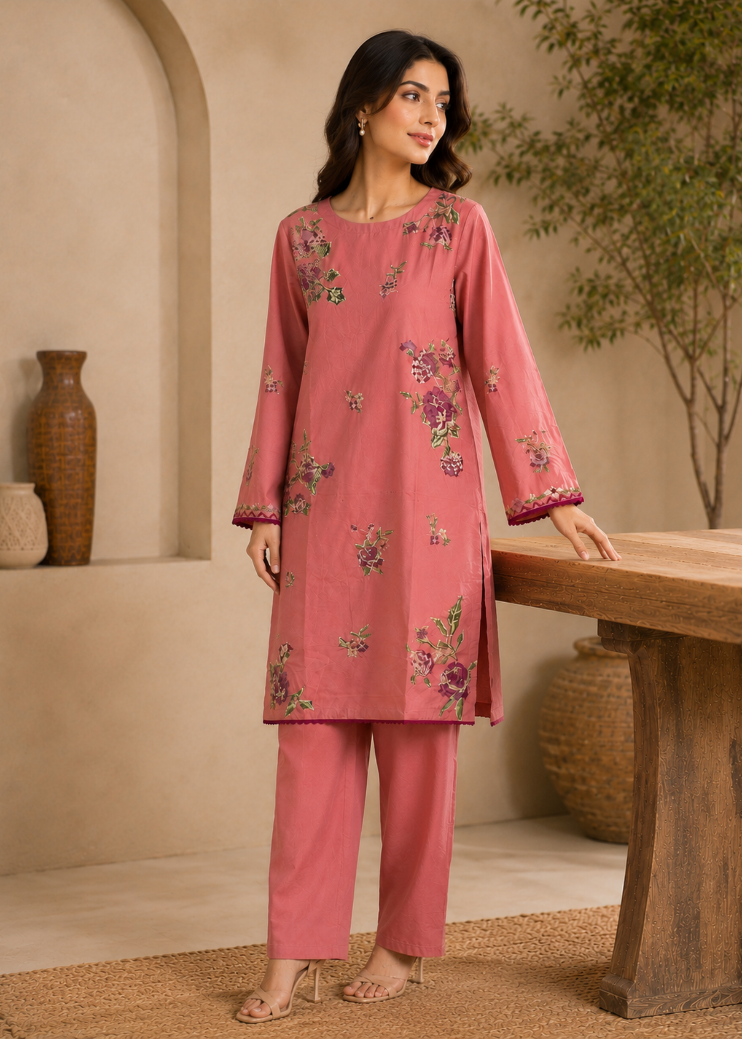 lawn Kurta Set in Salmon