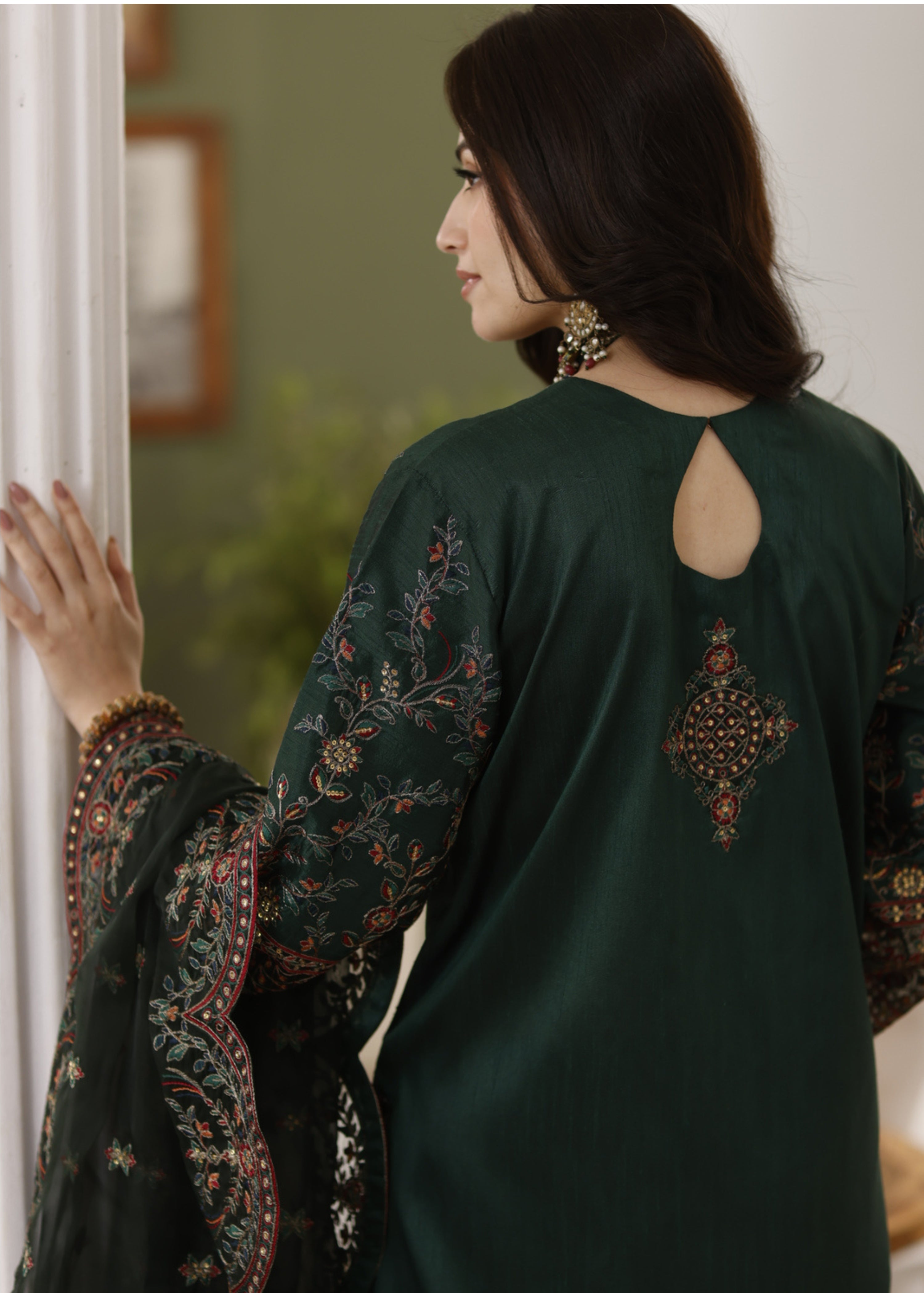 raw silk Kurta Set in Dark green