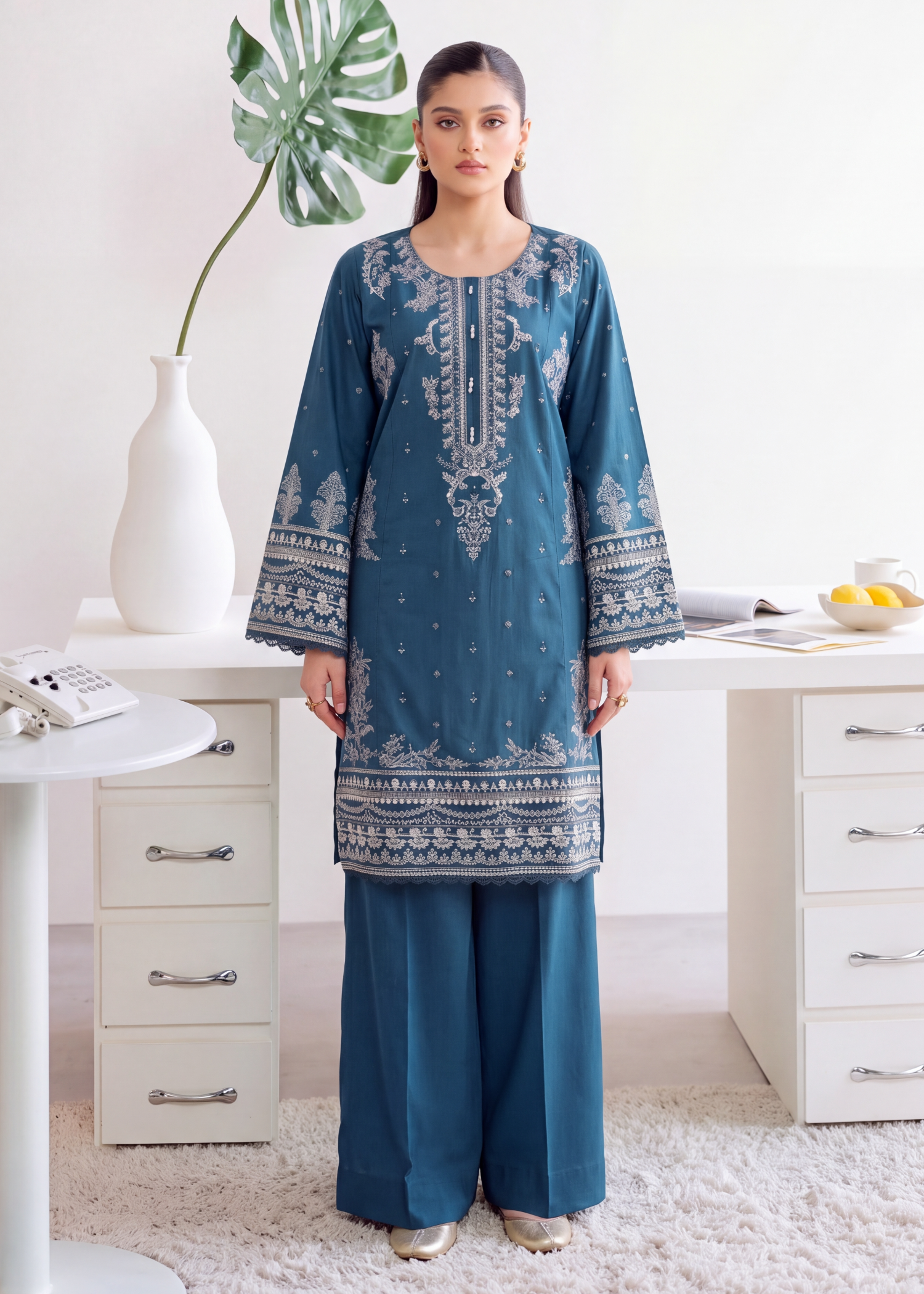 lawn Kurta Set in Ocean blue