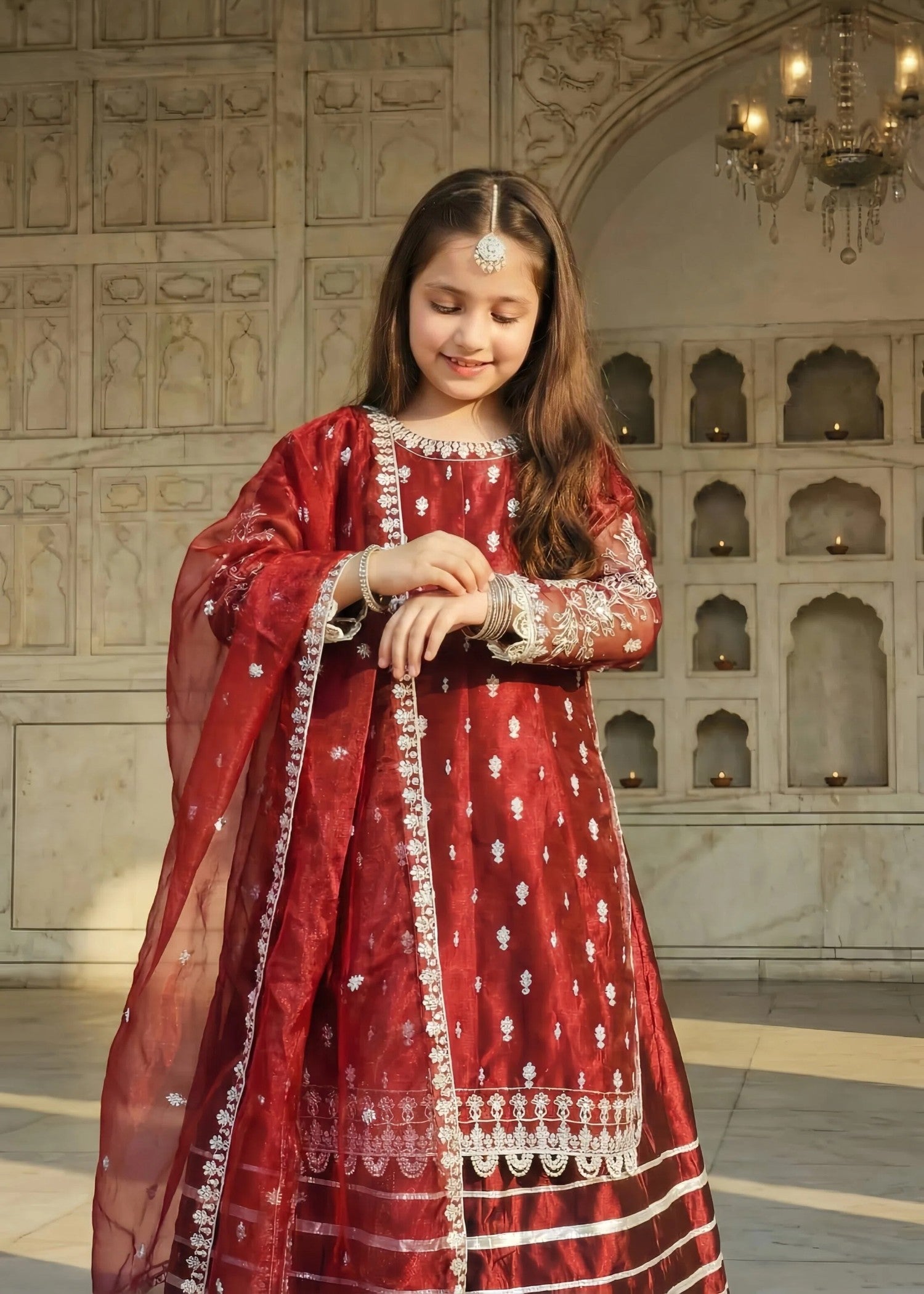 organza Lehenga in Cherry red