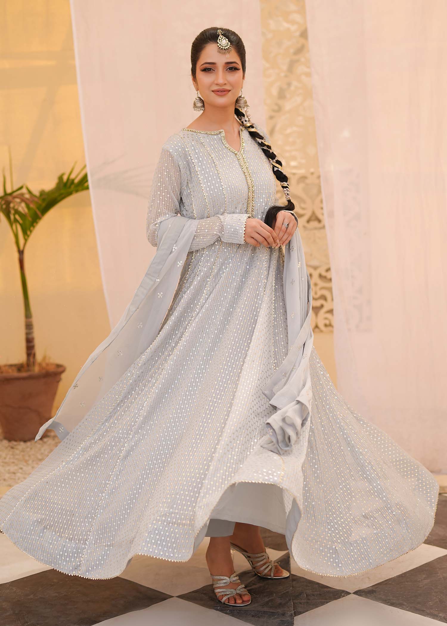 chiffon Anarkali in Ice blue