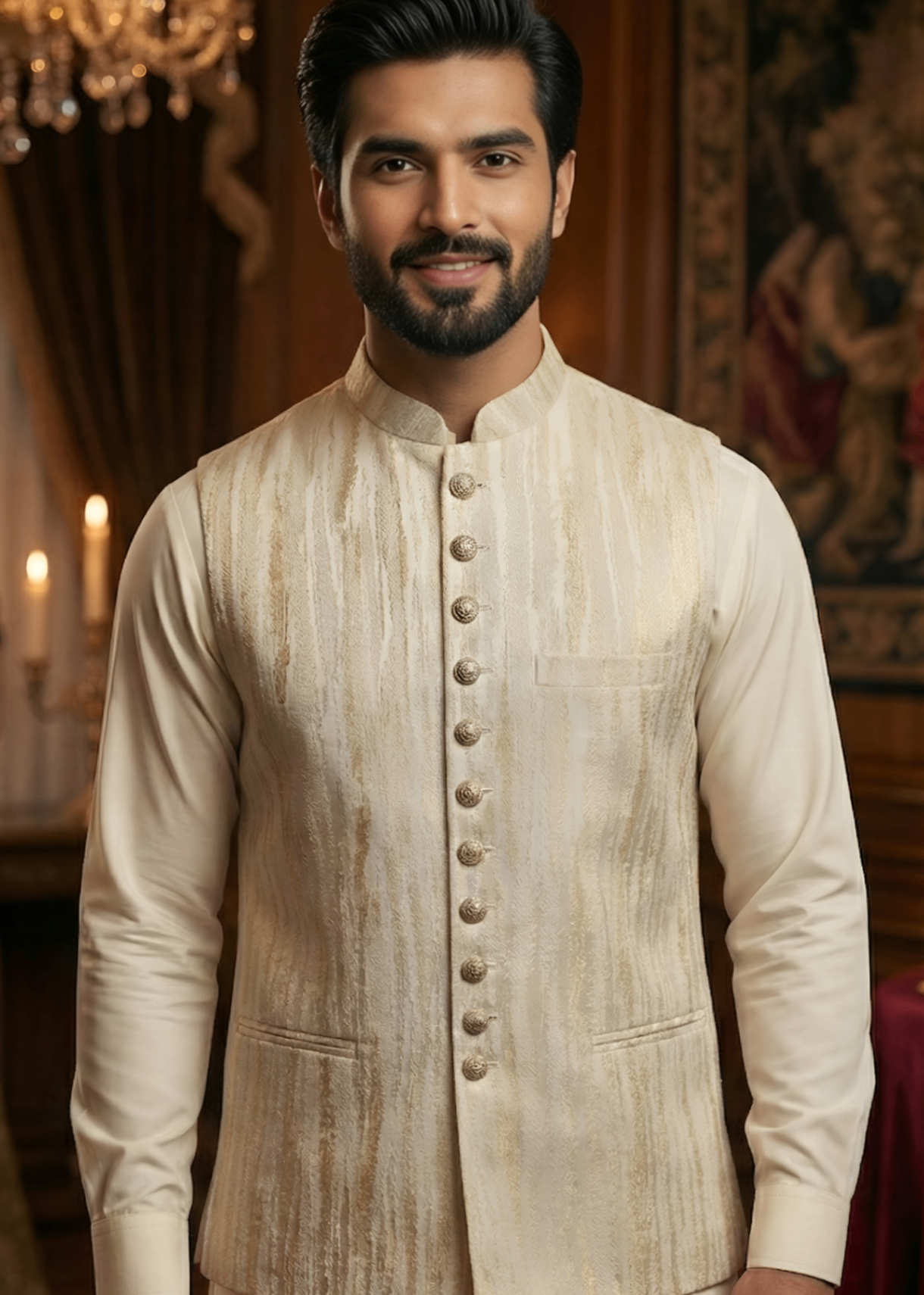 jamawar Waistcoat in Cream