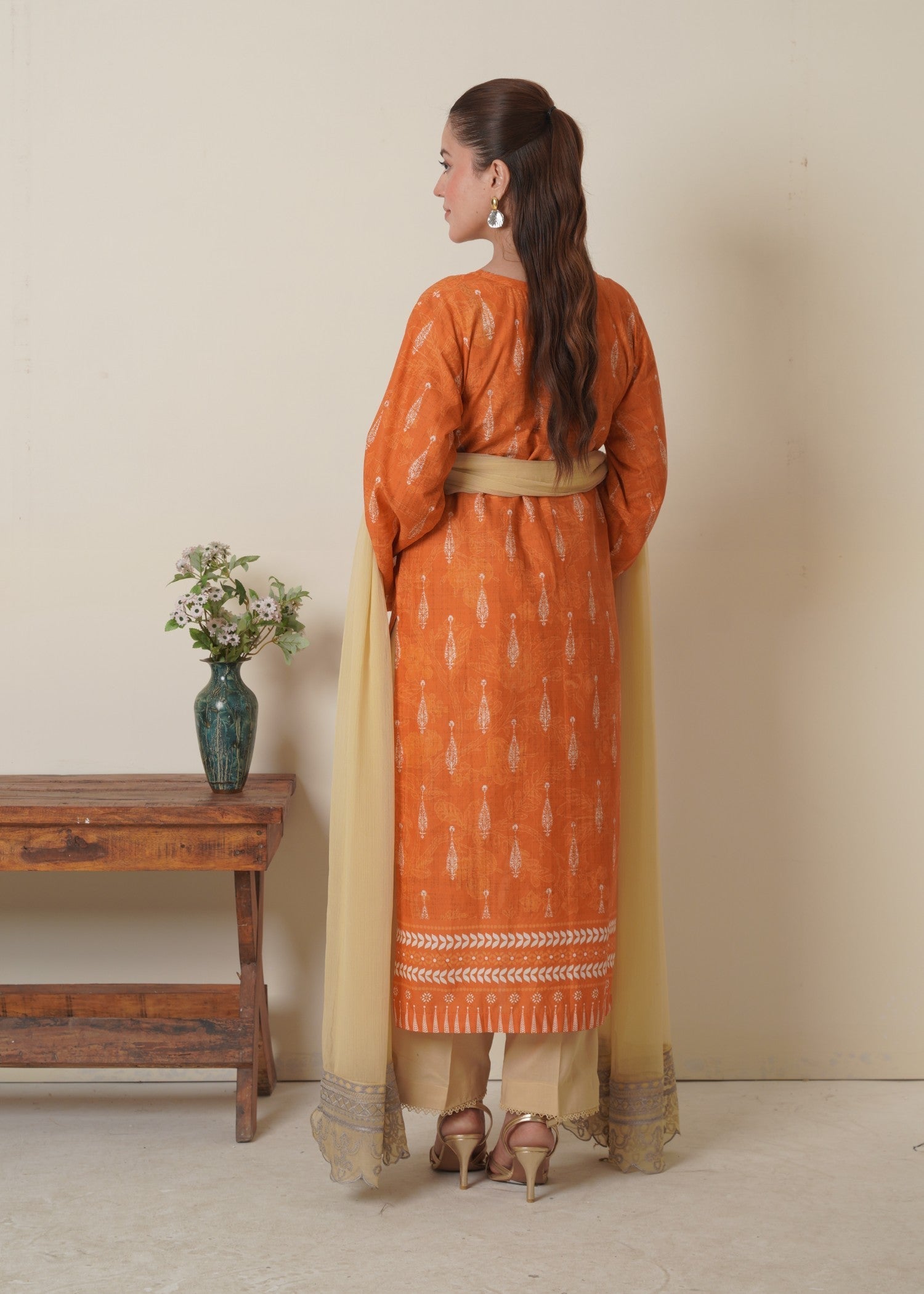 cambric Kurta Set in Mandarin orange